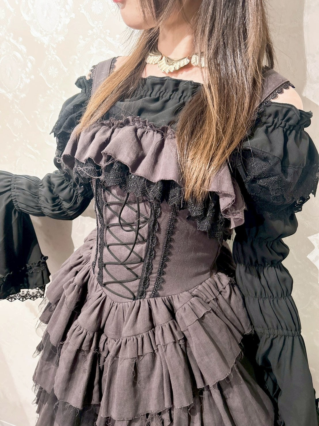 【Vallée lys】ヴァレリス Nonette Gauze Jumperskirt ボルドー/グレー/ブラック サイズ1