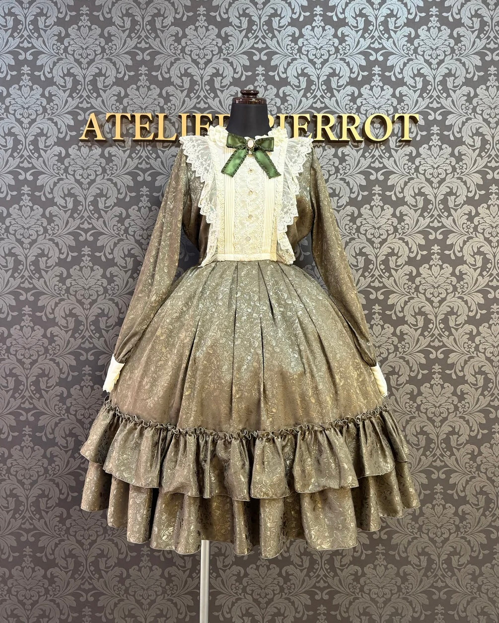 【Pina sweet collection】ピナスイートコレクション ローズジャガードワンピース ミモレ丈 アーミーグリーン/ワイン/ブラック×ホワイト/ブラック×ブラック