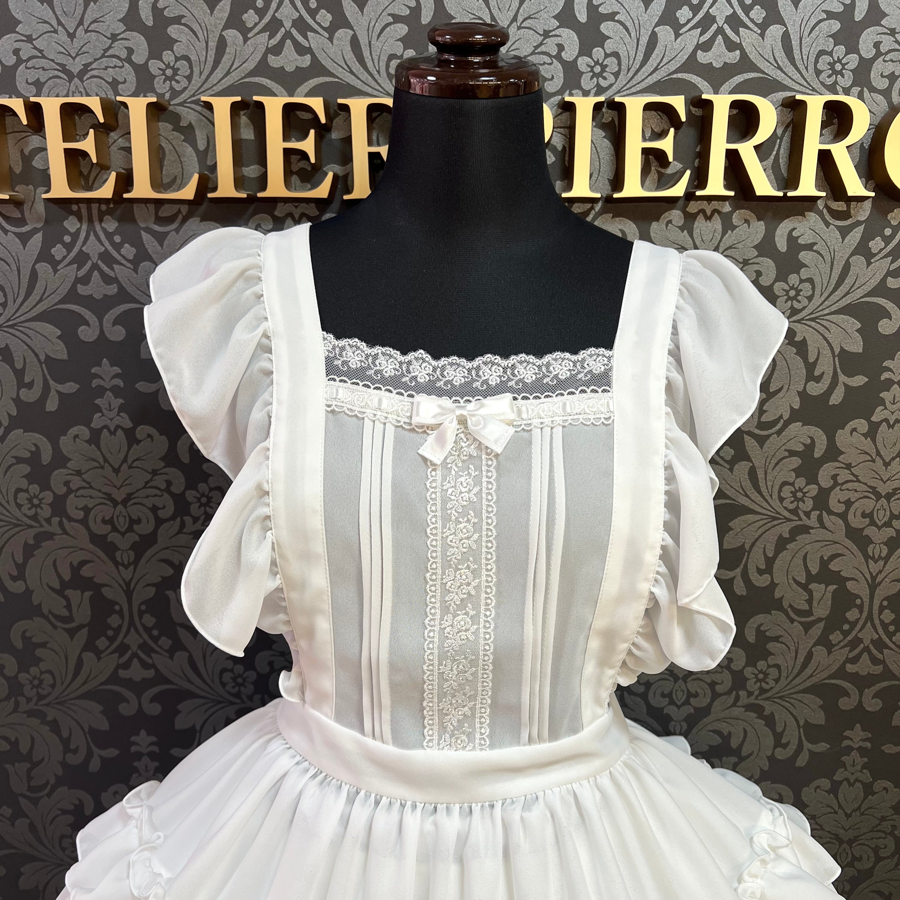 【Pina sweet collection】ピナスイートコレクション ティアードフリルエプロン 梨地ホワイト/ブロードホワイト/梨地アイボリー×白レース/ブロードアイボリー
