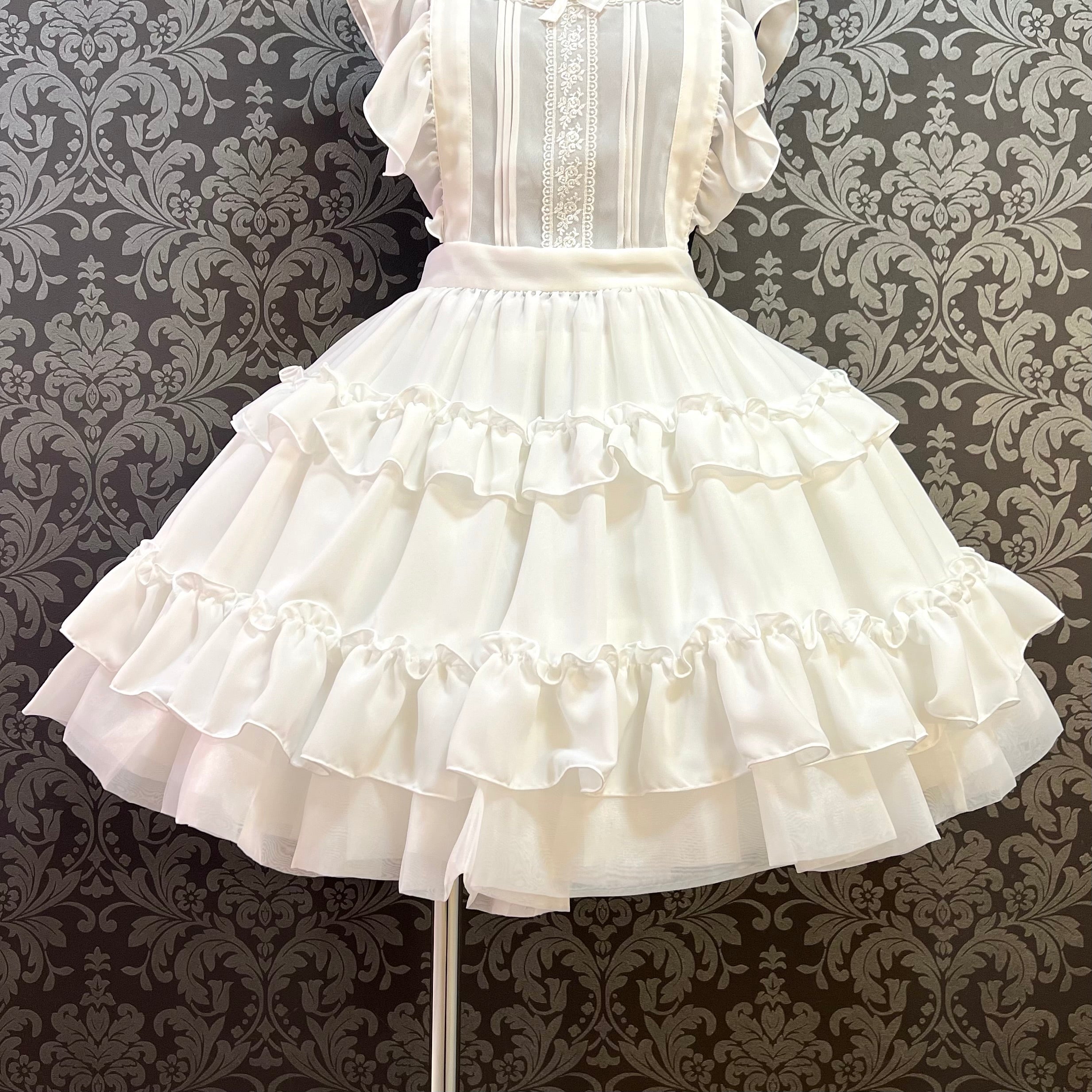 【Pina sweet collection】ピナスイートコレクション ティアードフリルエプロン 梨地ホワイト/ブロードホワイト/梨地アイボリー×白レース/ブロードアイボリー