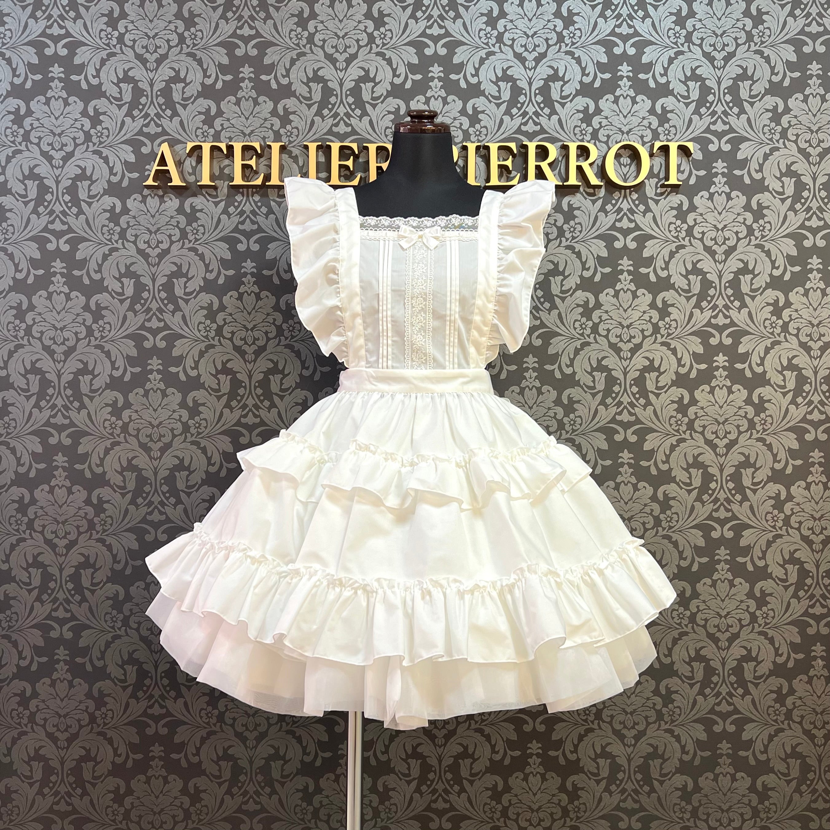 【Pina sweet collection】ピナスイートコレクション ティアードフリルエプロン 梨地ホワイト/ブロードホワイト/梨地アイボリー×白レース/ブロードアイボリー
