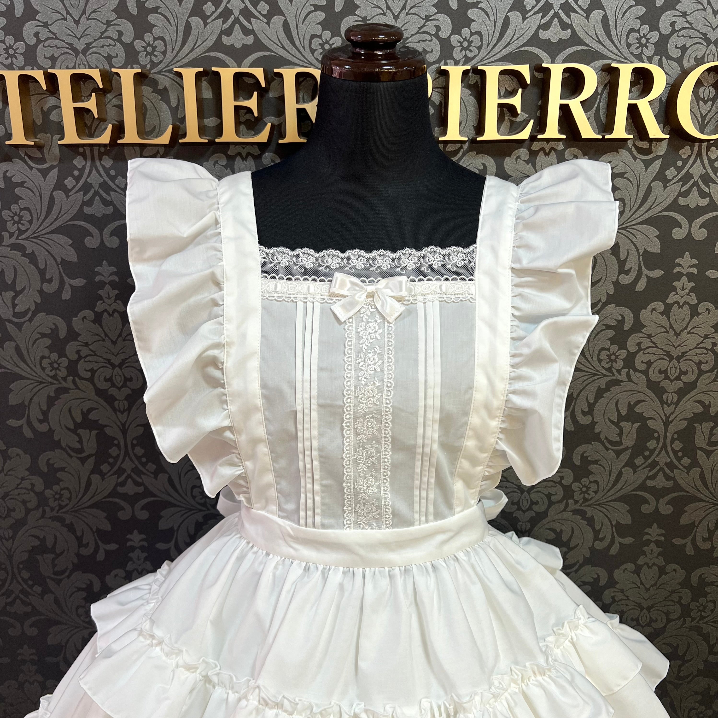【Pina sweet collection】ピナスイートコレクション ティアードフリルエプロン 梨地ホワイト/ブロードホワイト/梨地アイボリー×白レース/ブロードアイボリー