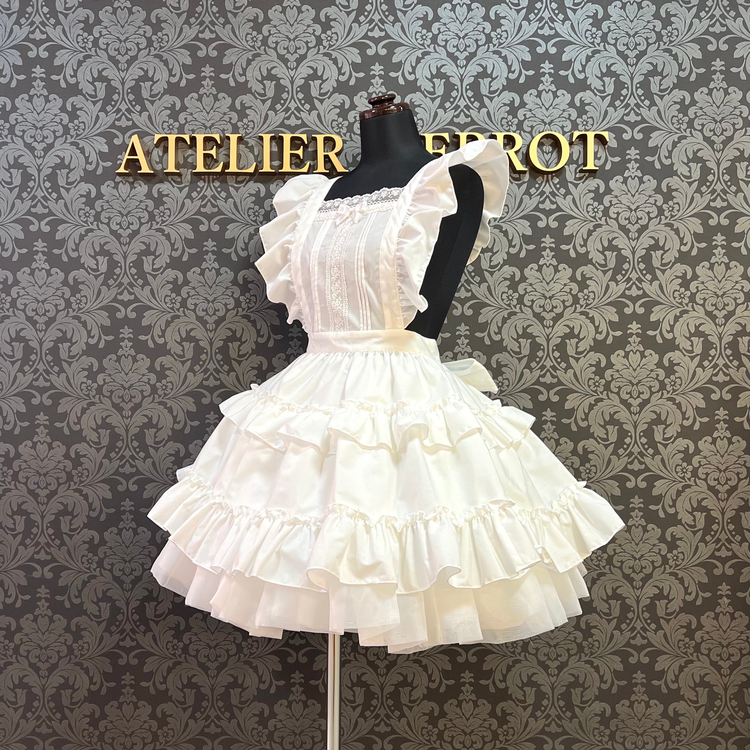 【Pina sweet collection】ピナスイートコレクション ティアードフリルエプロン 梨地ホワイト/ブロードホワイト/梨地アイボリー×白レース/ブロードアイボリー