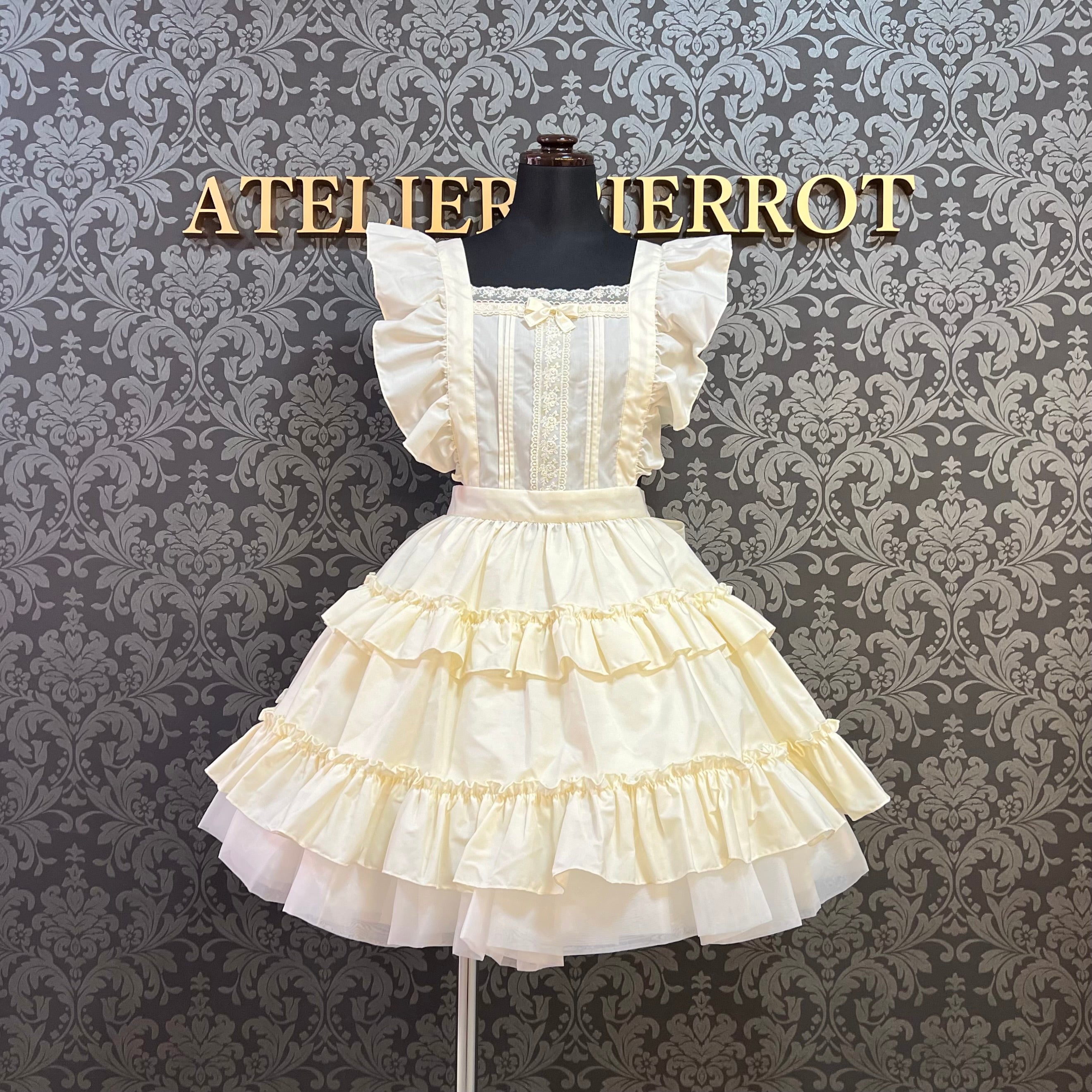 【Pina sweet collection】ピナスイートコレクション ティアードフリルエプロン 梨地ホワイト/ブロードホワイト/梨地アイボリー×白レース/ブロードアイボリー