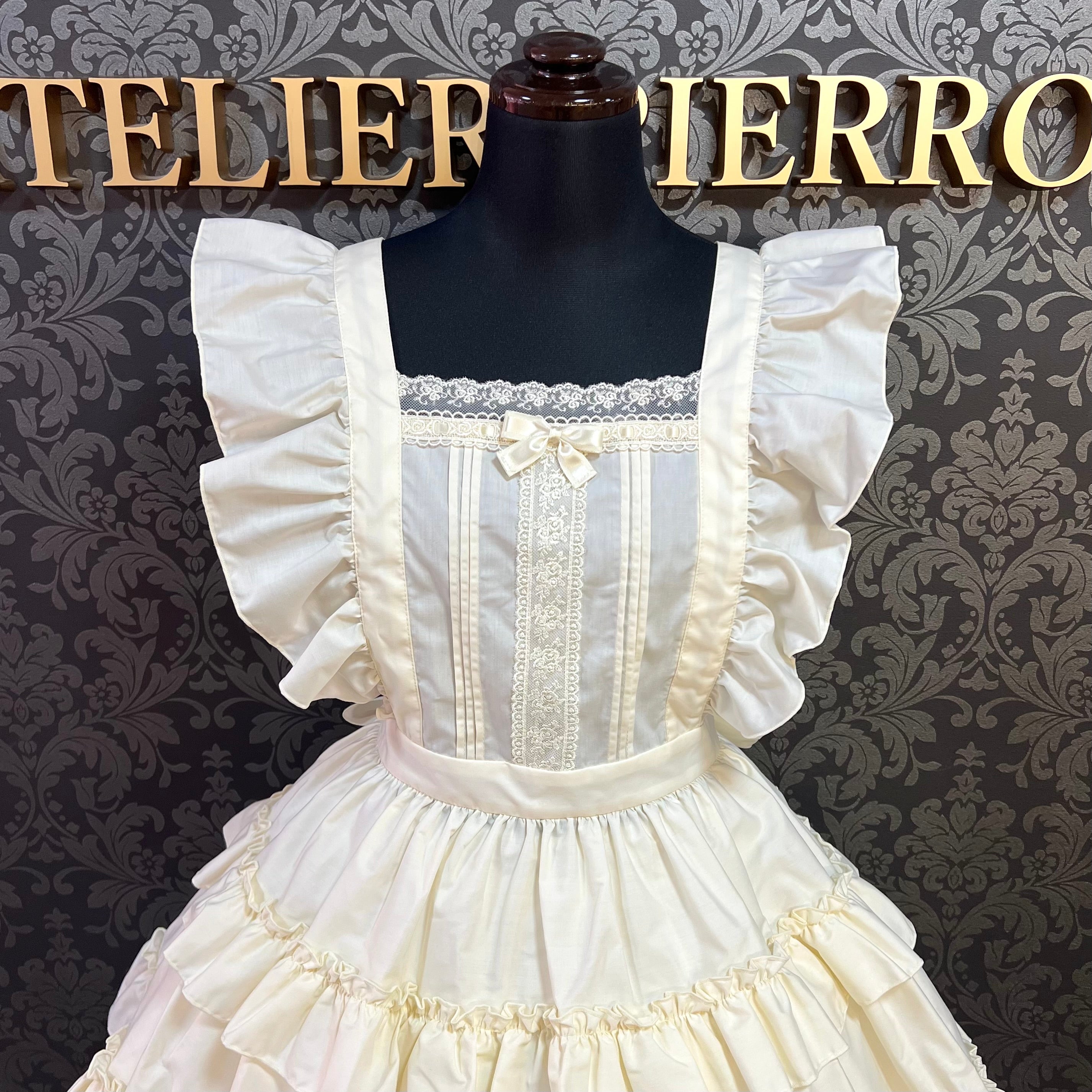 【Pina sweet collection】ピナスイートコレクション ティアードフリルエプロン 梨地ホワイト/ブロードホワイト/梨地アイボリー×白レース/ブロードアイボリー