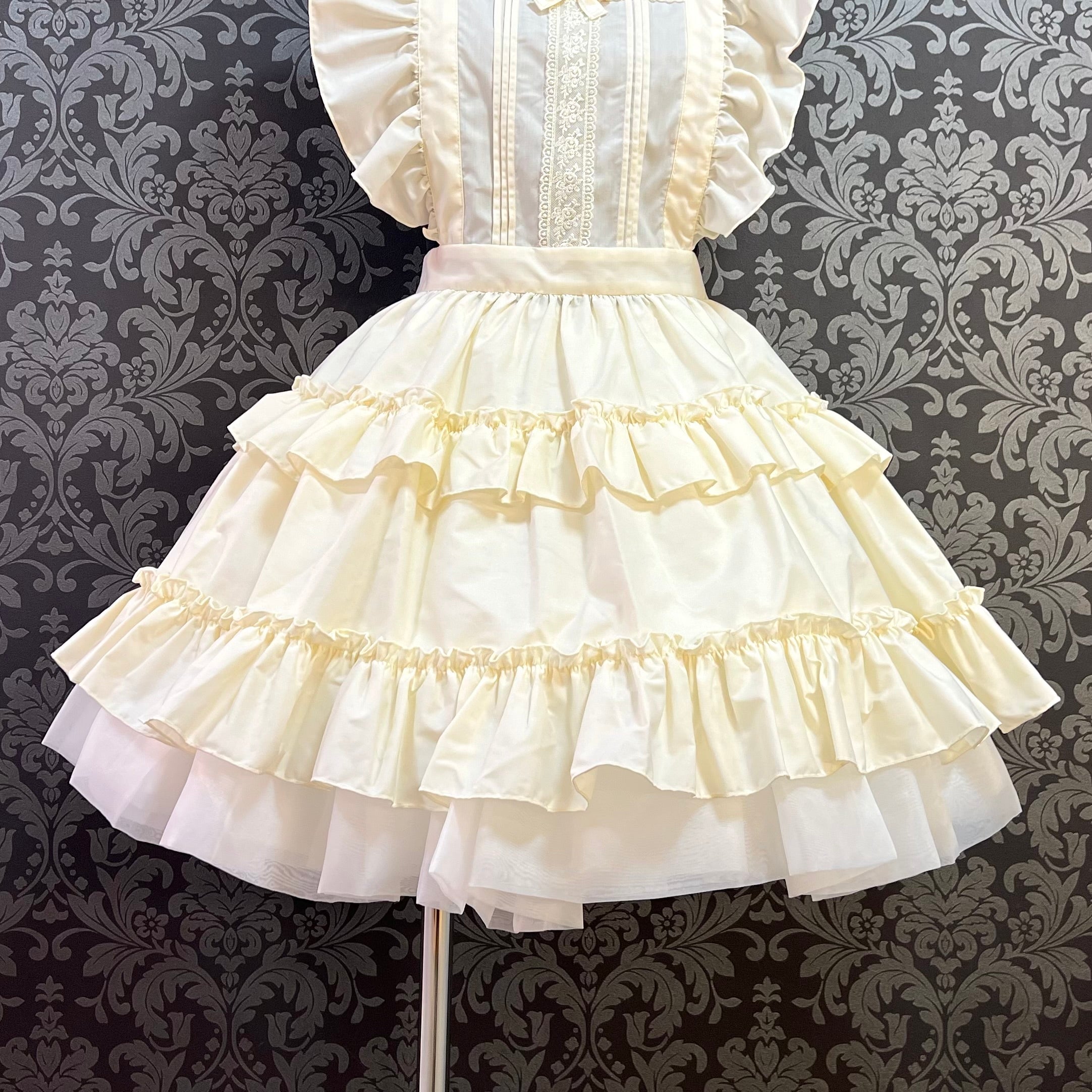 【Pina sweet collection】ピナスイートコレクション ティアードフリルエプロン 梨地ホワイト/ブロードホワイト/梨地アイボリー×白レース/ブロードアイボリー