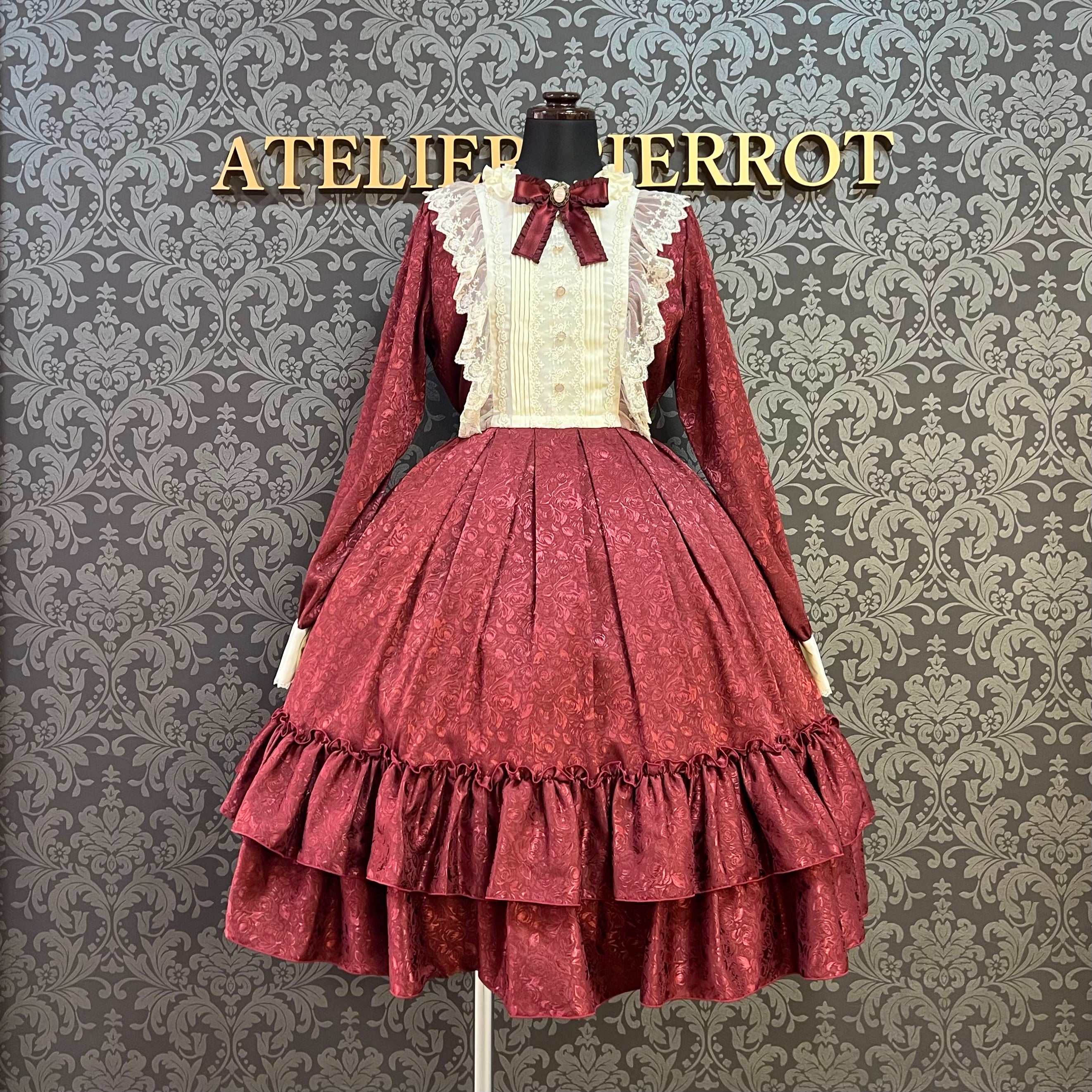 【Pina sweet collection】ピナスイートコレクション ローズジャガードワンピース ミモレ丈 アーミーグリーン/ワイン/ブラック×ホワイト/ブラック×ブラック