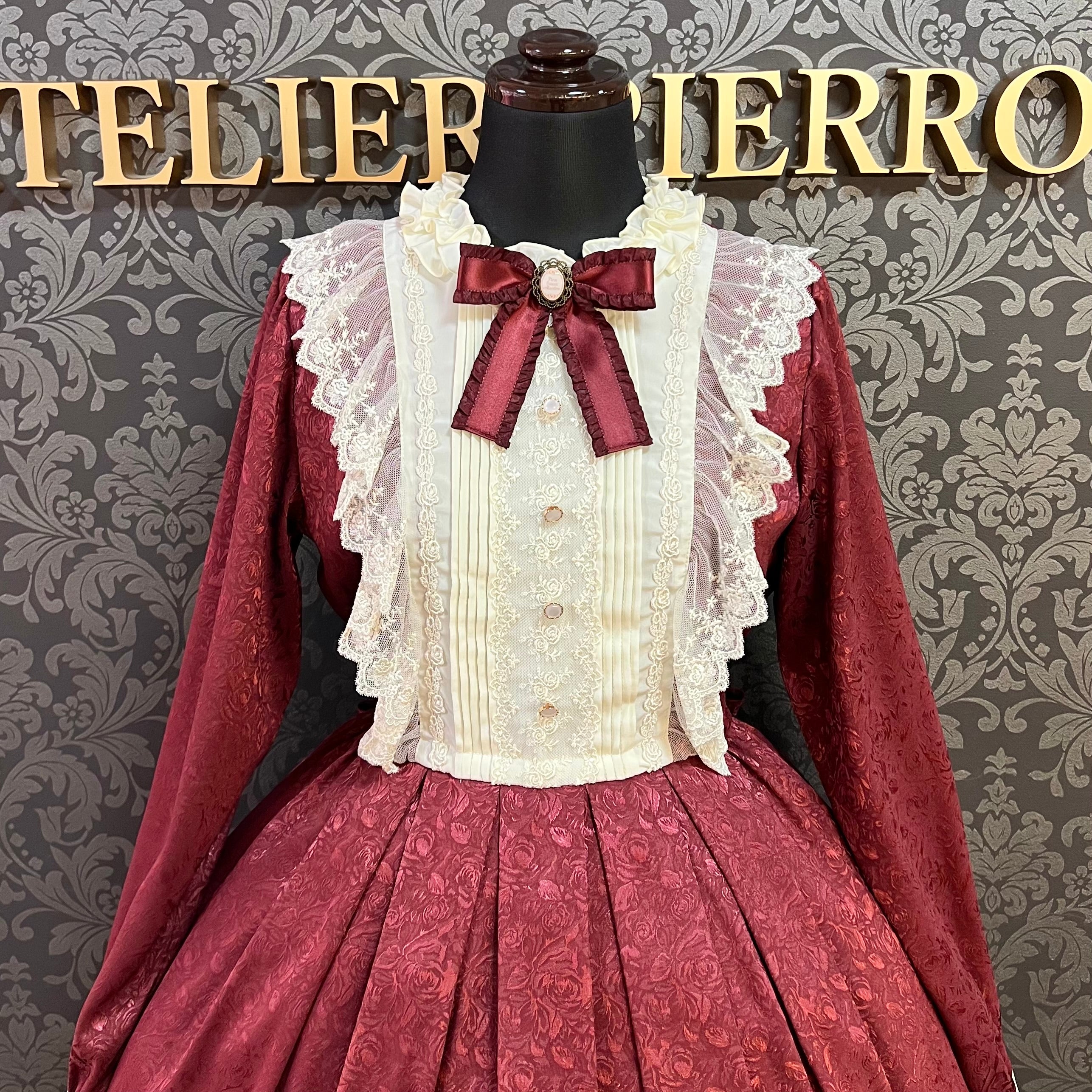 【Pina sweet collection】ピナスイートコレクション ローズジャガードワンピース ミモレ丈 アーミーグリーン/ワイン/ブラック×ホワイト/ブラック×ブラック