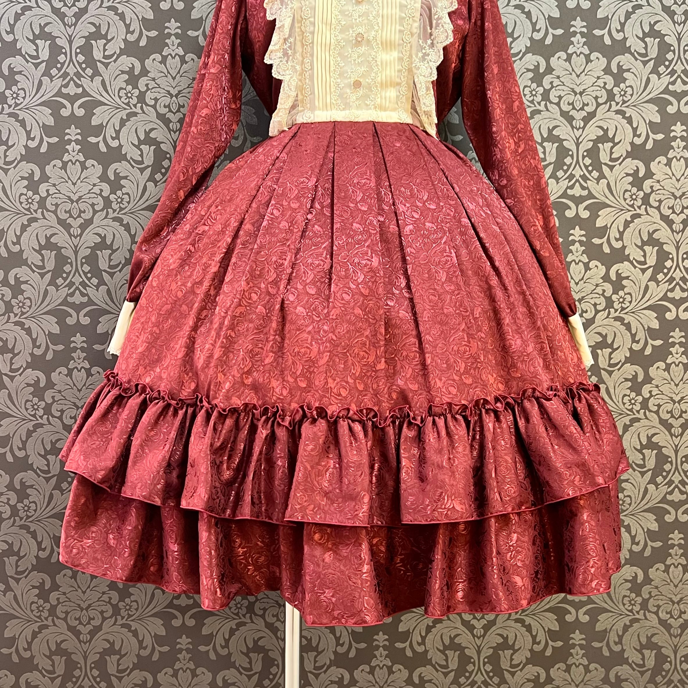 【Pina sweet collection】ピナスイートコレクション ローズジャガードワンピース ミモレ丈 アーミーグリーン/ワイン/ブラック×ホワイト/ブラック×ブラック