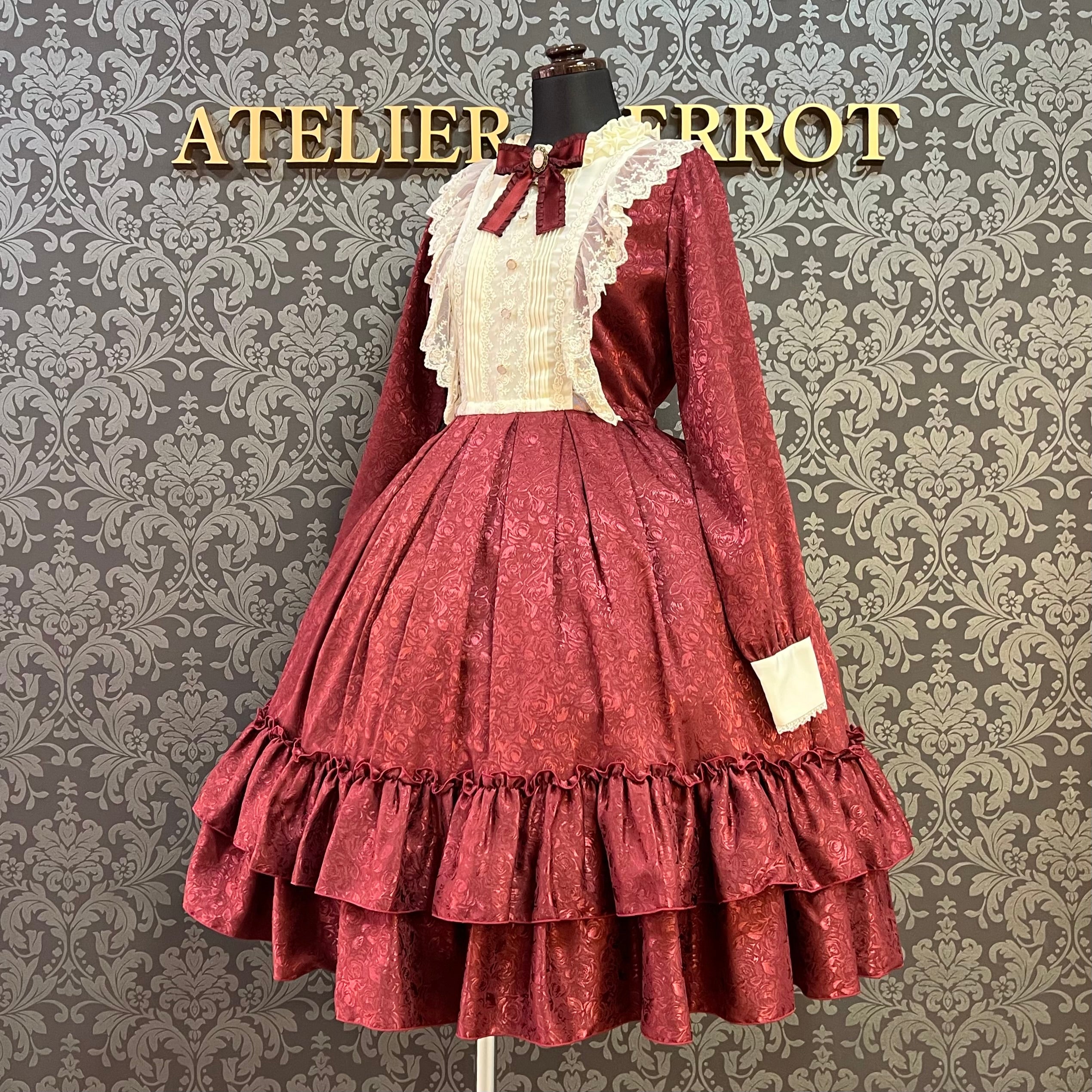 【Pina sweet collection】ピナスイートコレクション ローズジャガードワンピース ミモレ丈 アーミーグリーン/ワイン/ブラック×ホワイト/ブラック×ブラック