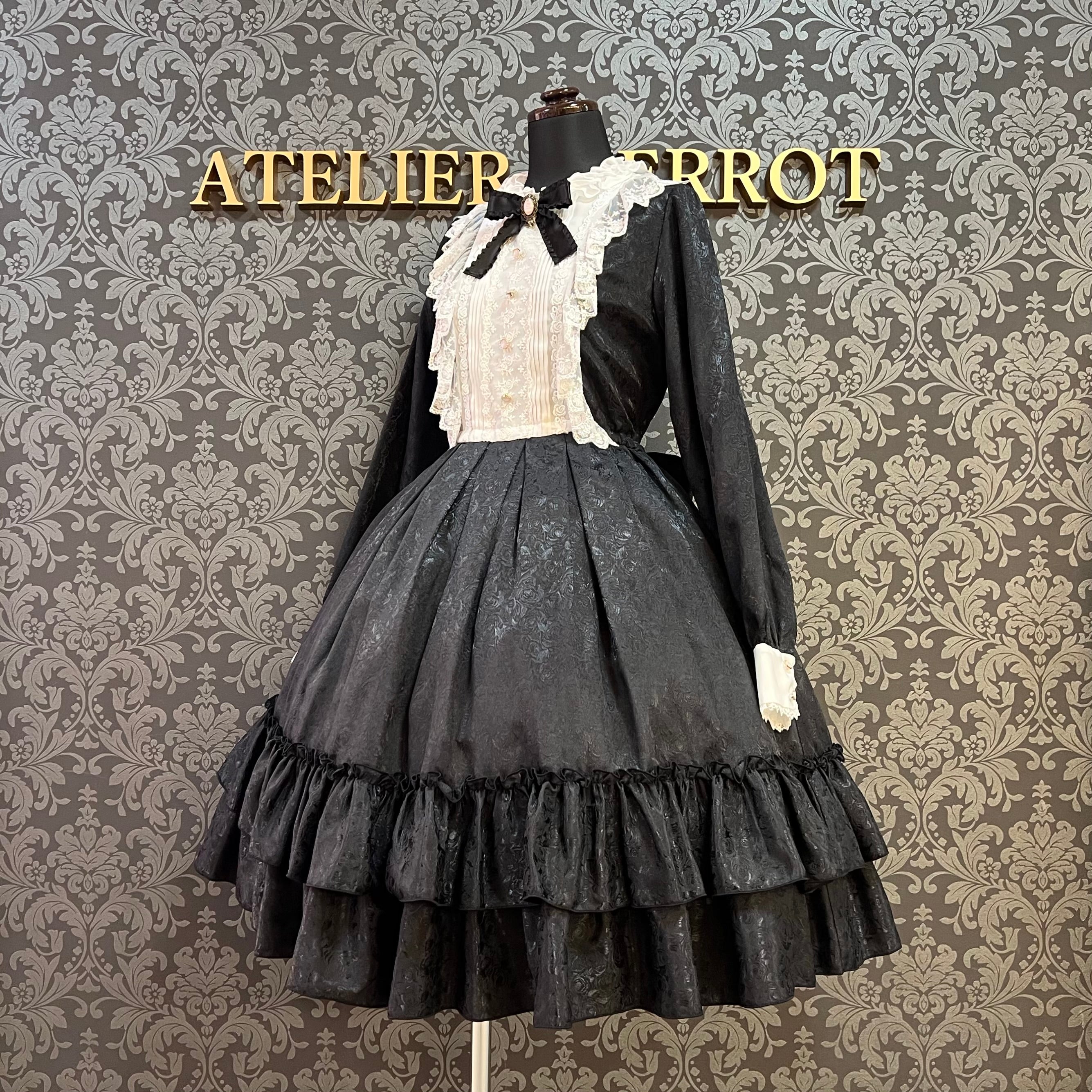 【Pina sweet collection】ピナスイートコレクション ローズジャガードワンピース ミモレ丈 アーミーグリーン/ワイン/ブラック×ホワイト/ブラック×ブラック