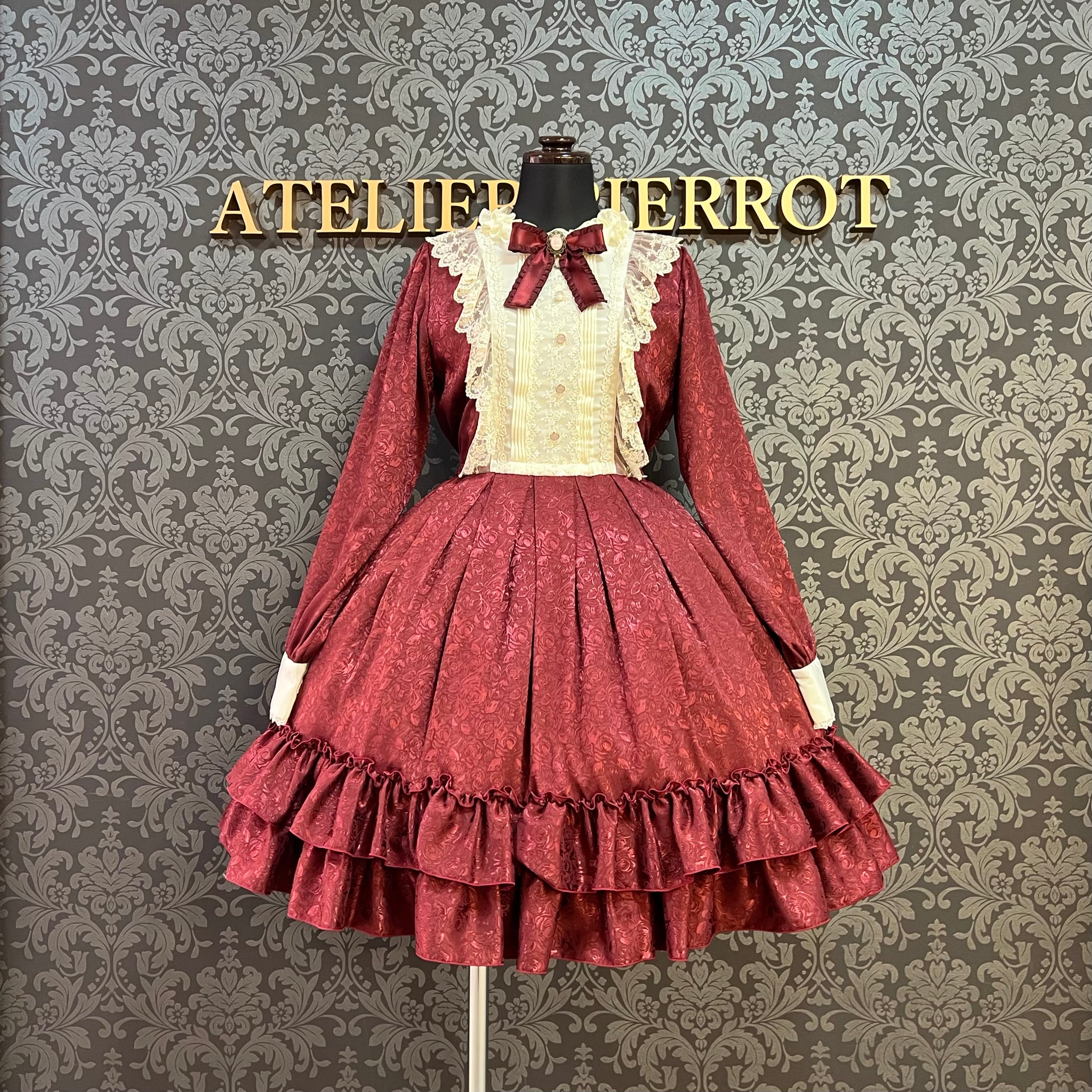 【Pina sweet collection】ピナスイートコレクション ローズジャガードワンピース アーミーグリーン/ライトグレー/サックス/ネイビー/ワイン/ブラック×ホワイト/ブラック×ブラック