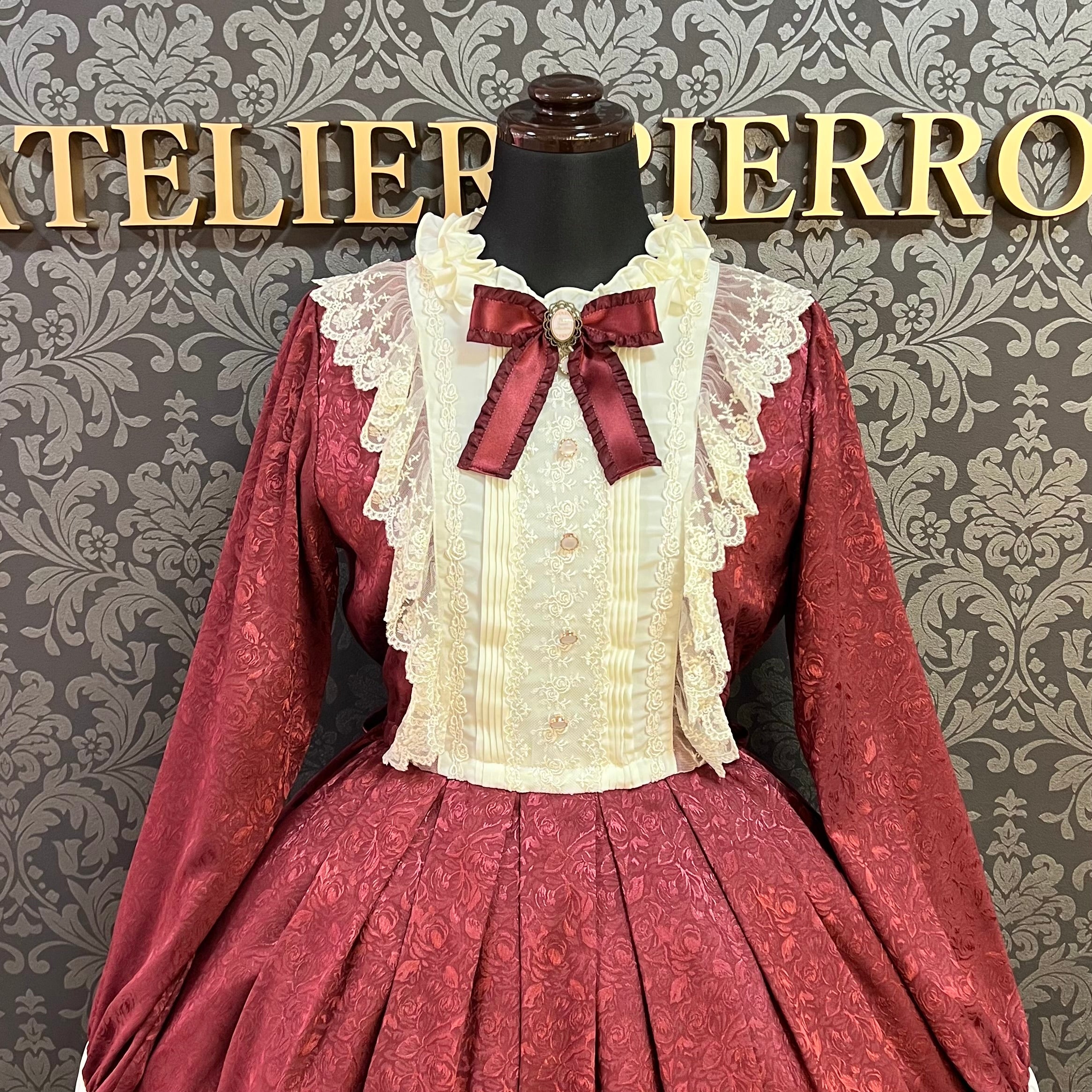 【Pina sweet collection】ピナスイートコレクション ローズジャガードワンピース アーミーグリーン/ライトグレー/サックス/ネイビー/ワイン/ブラック×ホワイト/ブラック×ブラック