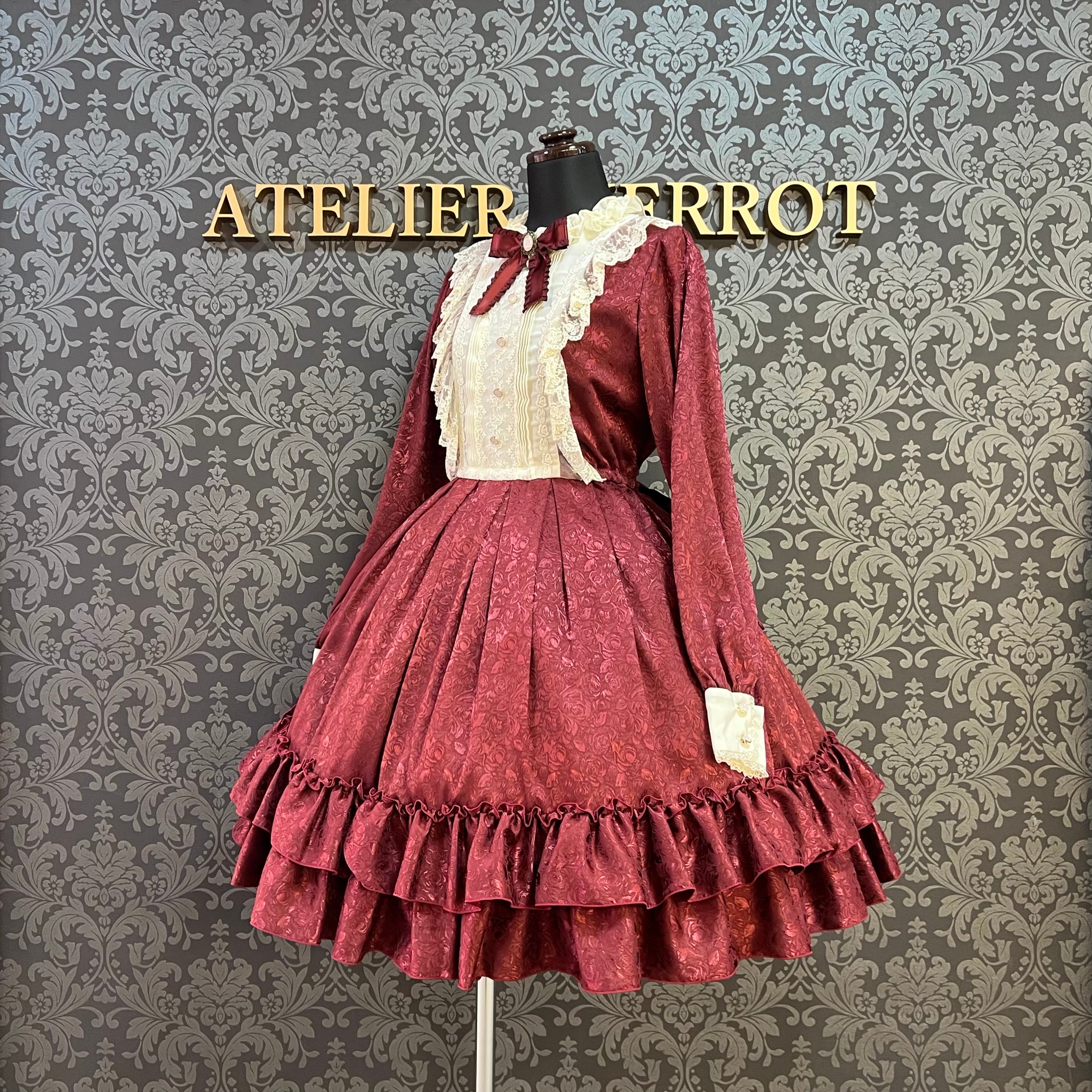 【Pina sweet collection】ピナスイートコレクション ローズジャガードワンピース アーミーグリーン/ライトグレー/サックス/ネイビー/ワイン/ブラック×ホワイト/ブラック×ブラック