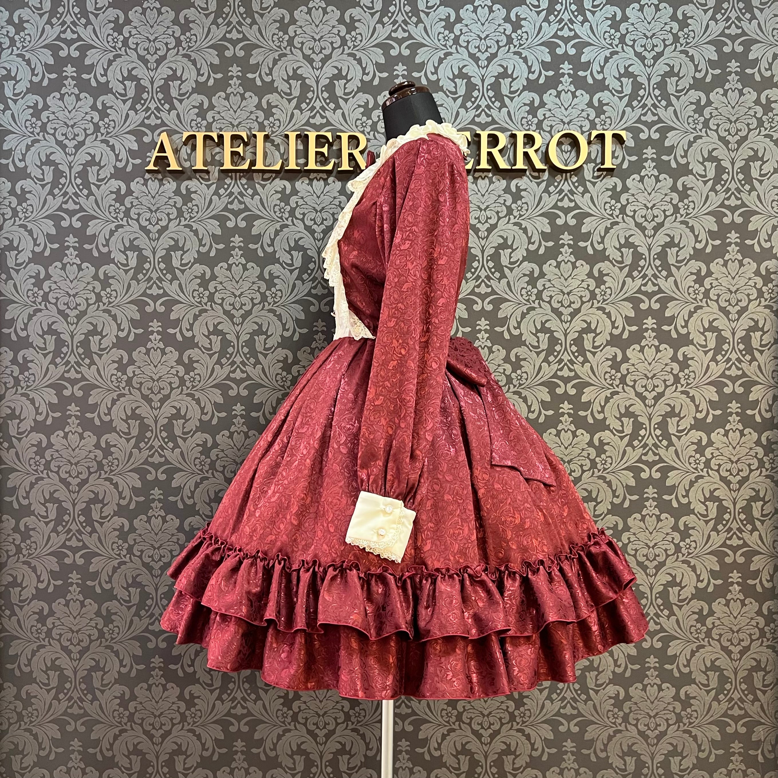 【Pina sweet collection】ピナスイートコレクション ローズジャガードワンピース アーミーグリーン/ライトグレー/サックス/ネイビー/ワイン/ブラック×ホワイト/ブラック×ブラック