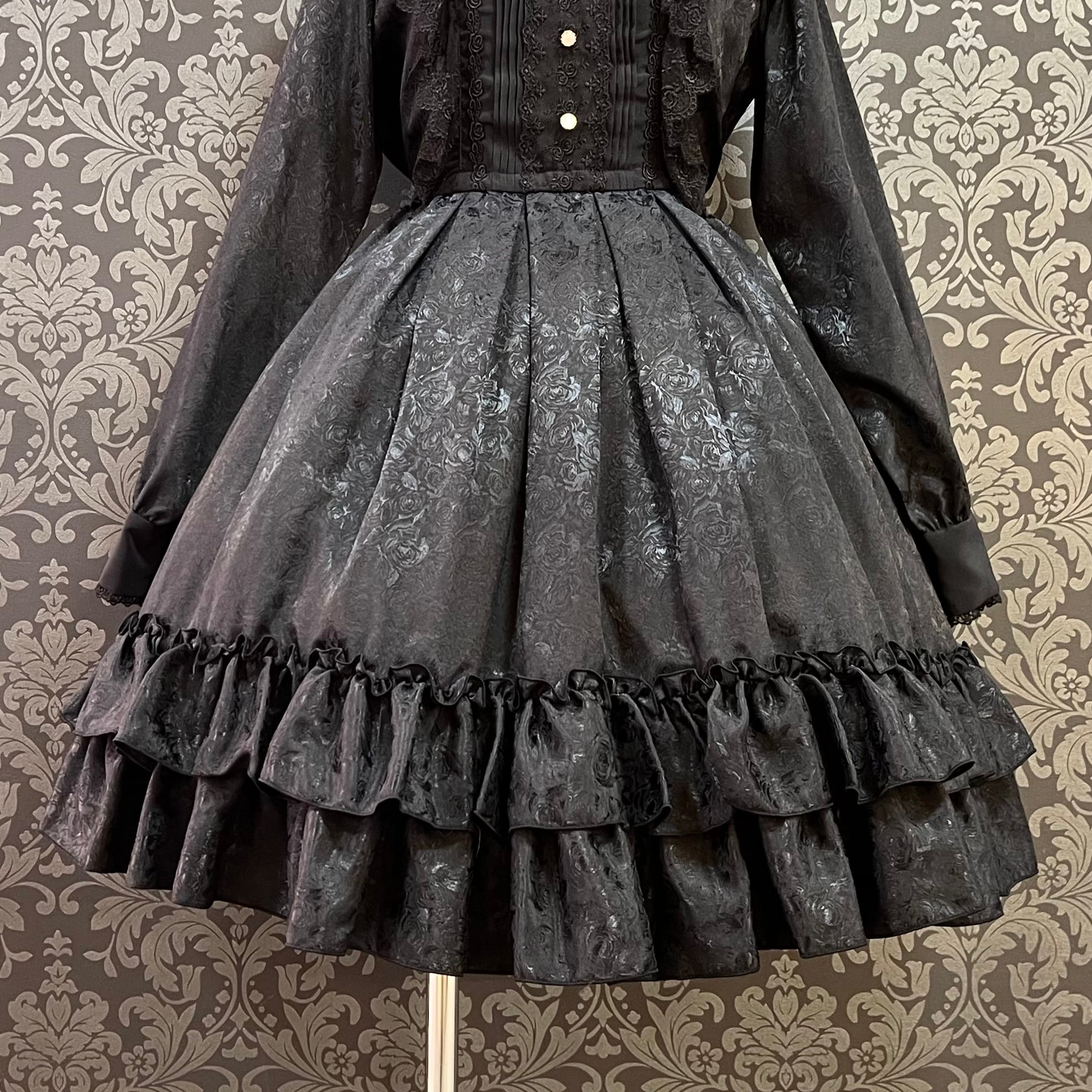 【Pina sweet collection】ピナスイートコレクション ローズジャガードワンピース アーミーグリーン/ライトグレー/サックス/ネイビー/ワイン/ブラック×ホワイト/ブラック×ブラック