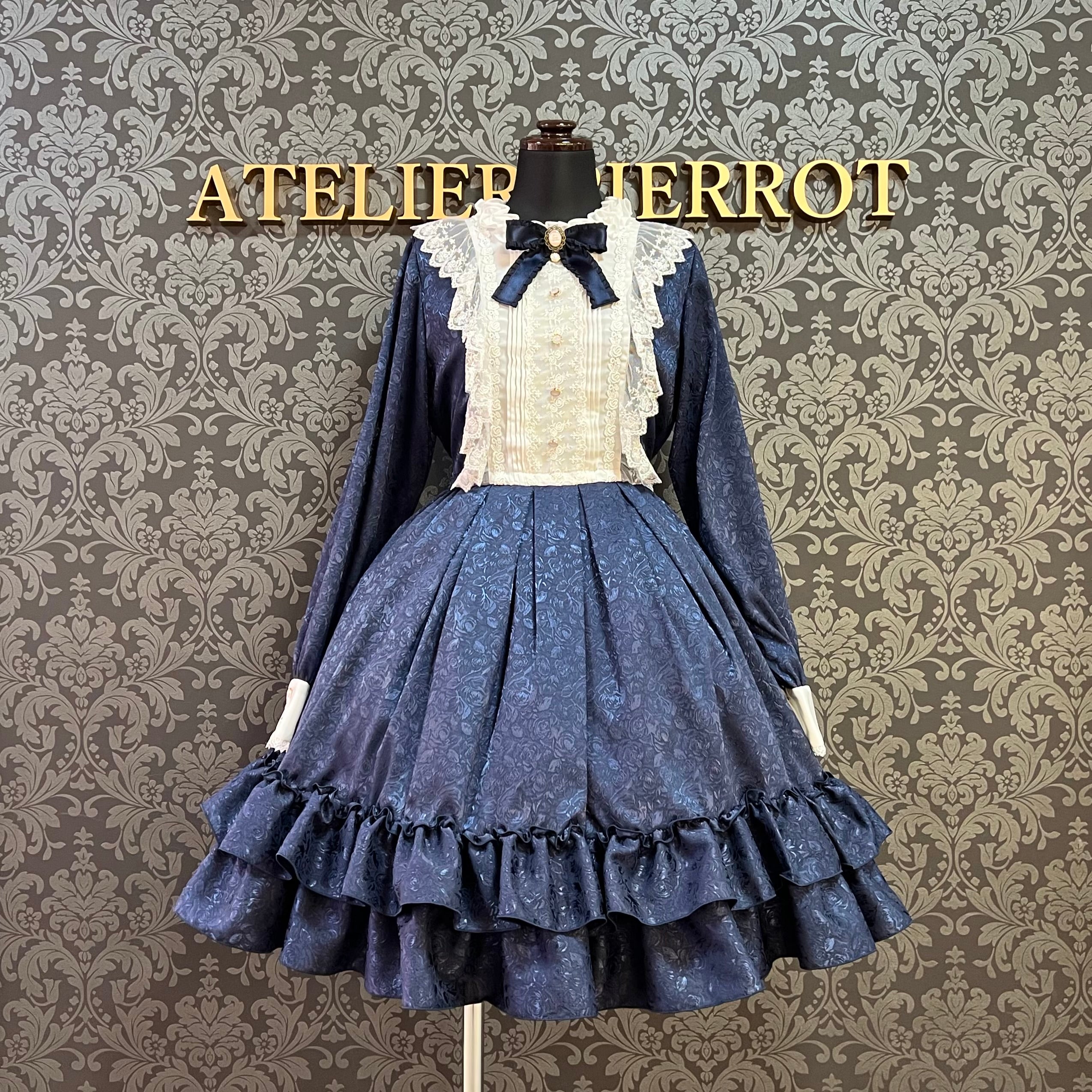 【Pina sweet collection】ピナスイートコレクション ローズジャガードワンピース アーミーグリーン/ライトグレー/サックス/ネイビー/ワイン/ブラック×ホワイト/ブラック×ブラック