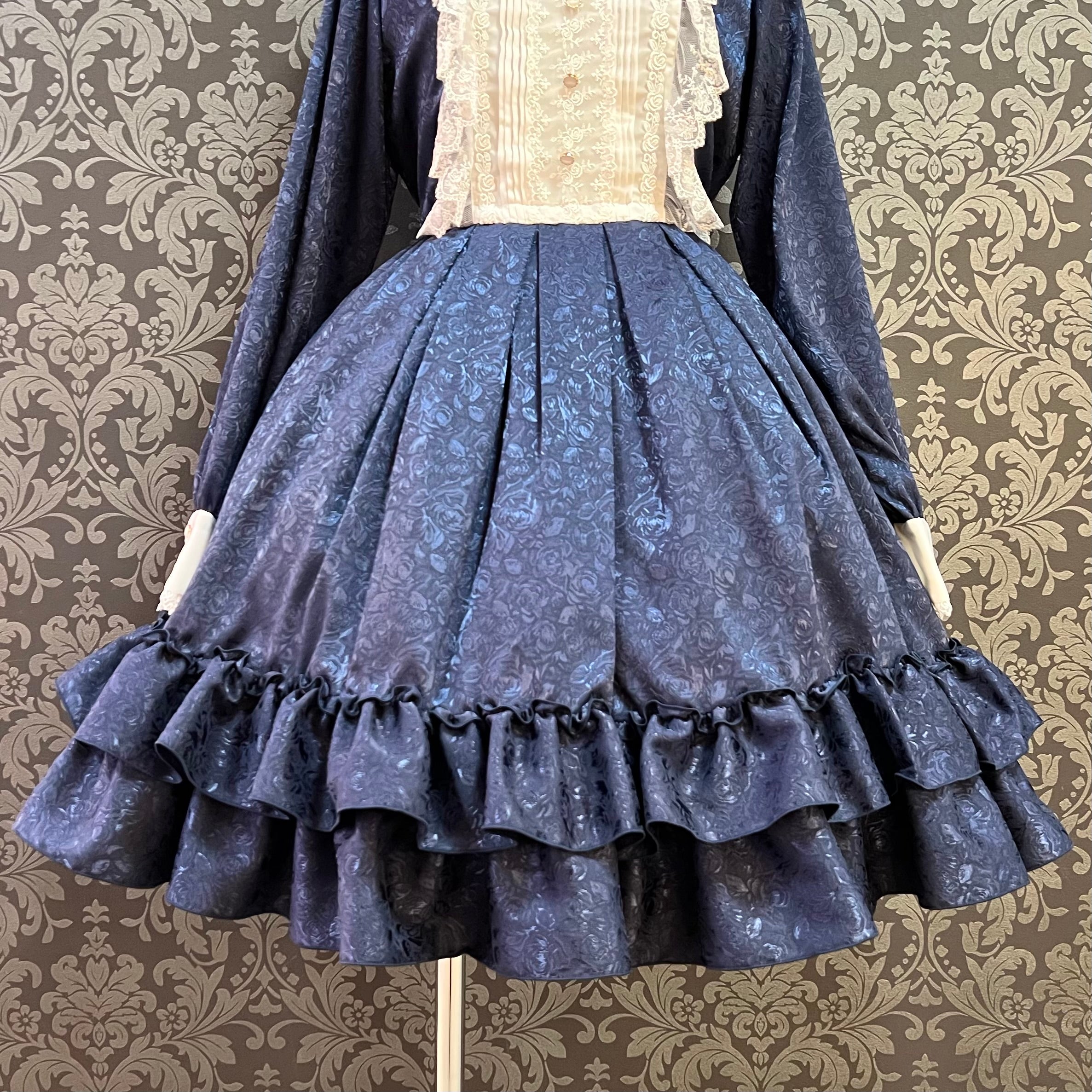 【Pina sweet collection】ピナスイートコレクション ローズジャガードワンピース アーミーグリーン/ライトグレー/サックス/ネイビー/ワイン/ブラック×ホワイト/ブラック×ブラック