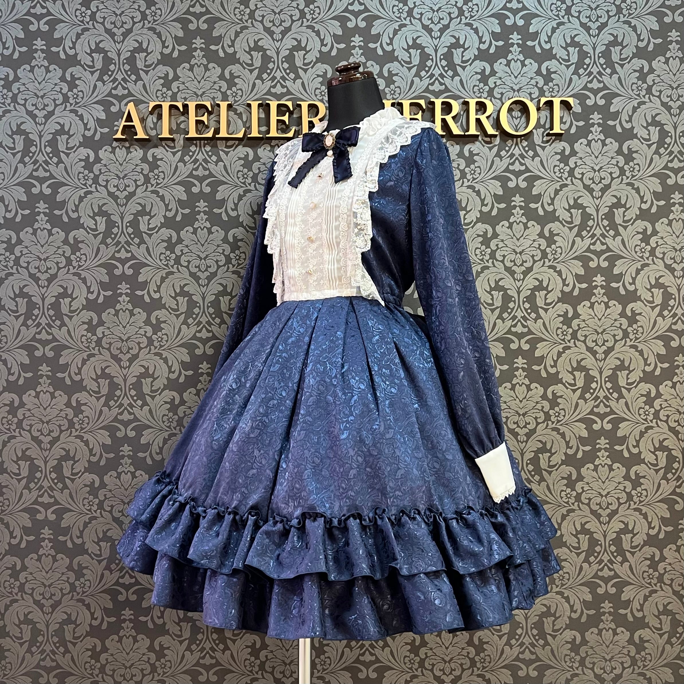 【Pina sweet collection】ピナスイートコレクション ローズジャガードワンピース アーミーグリーン/ライトグレー/サックス/ネイビー/ワイン/ブラック×ホワイト/ブラック×ブラック