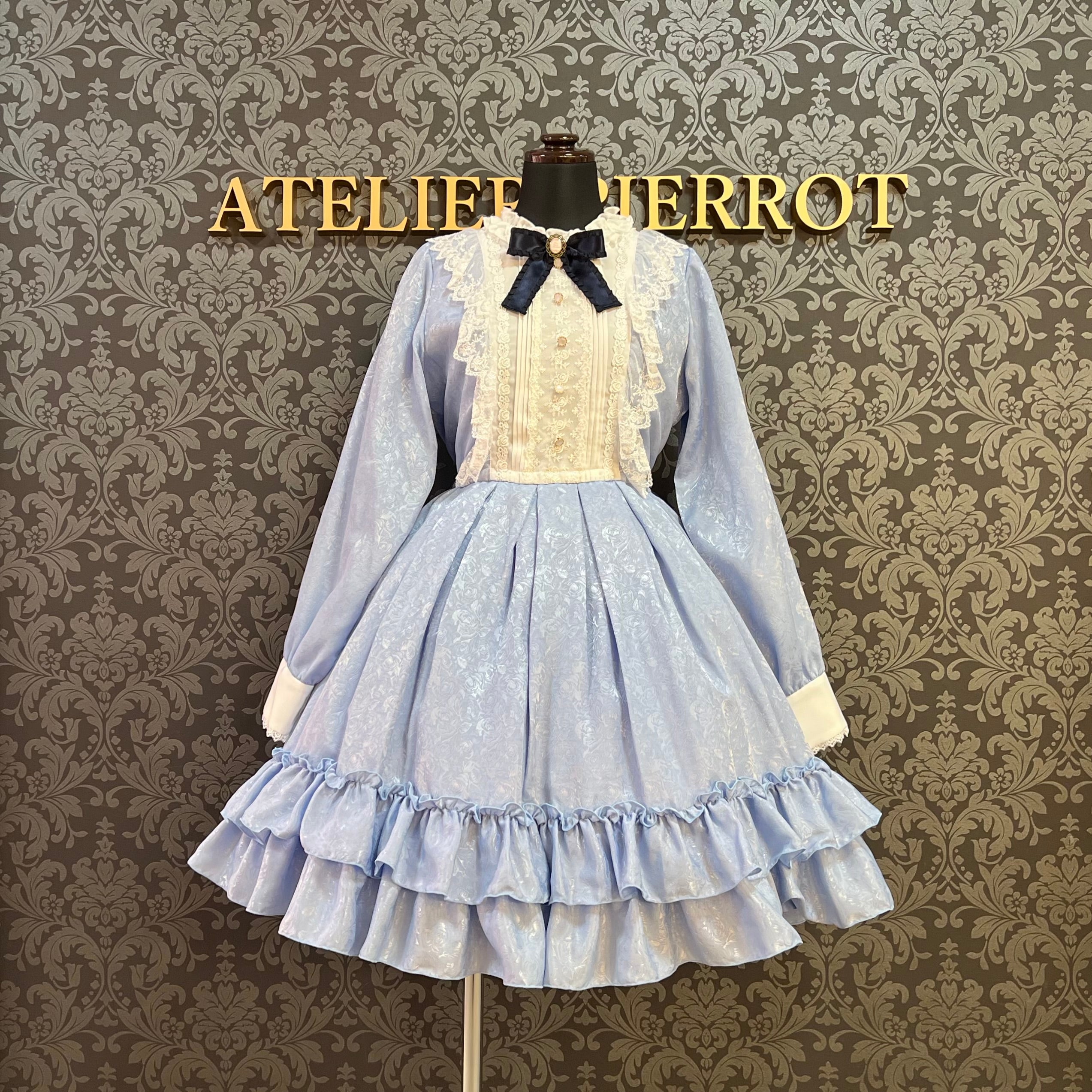 【Pina sweet collection】ピナスイートコレクション ローズジャガードワンピース アーミーグリーン/ライトグレー/サックス/ネイビー/ワイン/ブラック×ホワイト/ブラック×ブラック