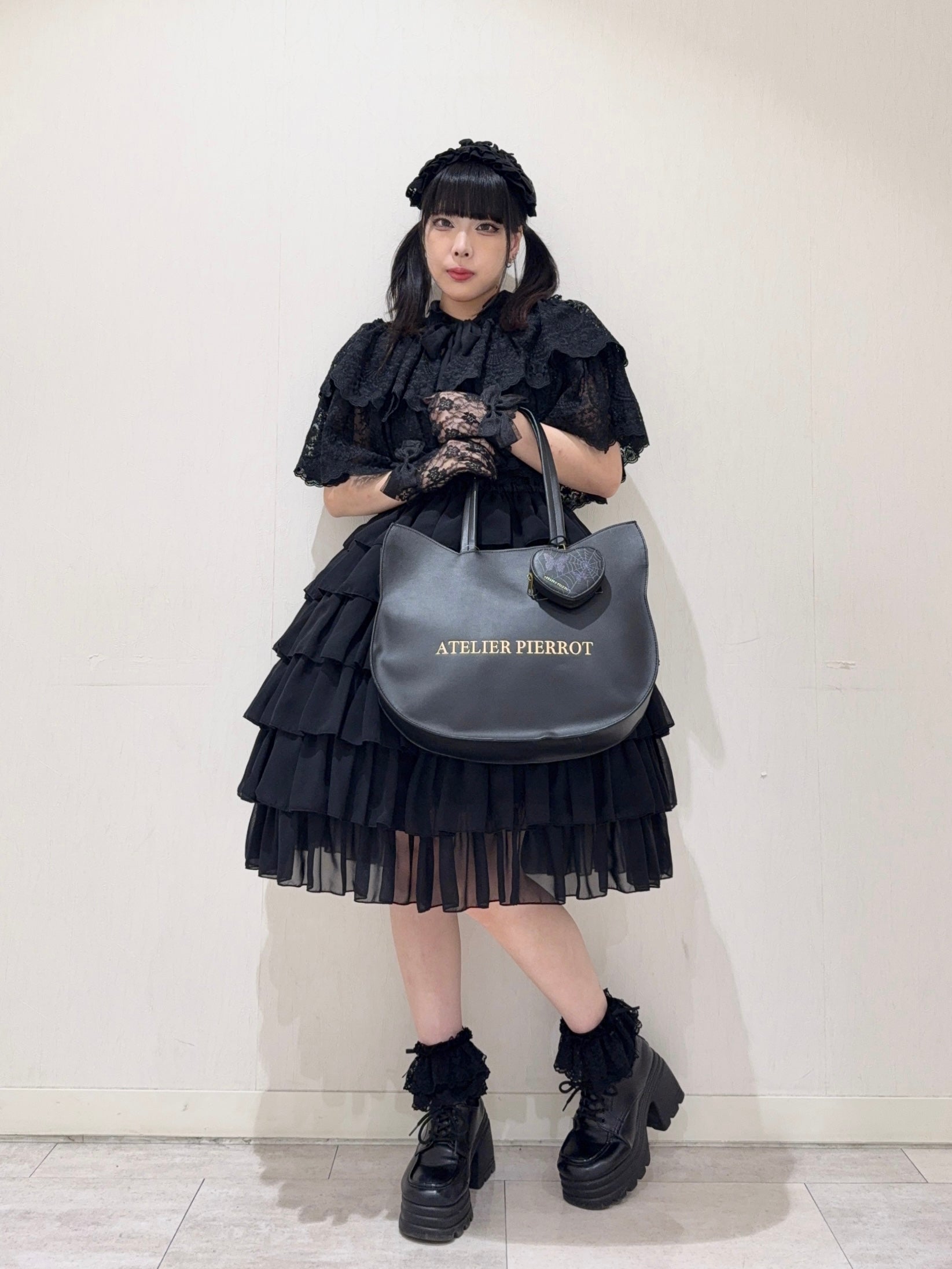 【Pina sweet Collection】シフォンフリルワンピース(ミモレ丈/Black/Wine/White)