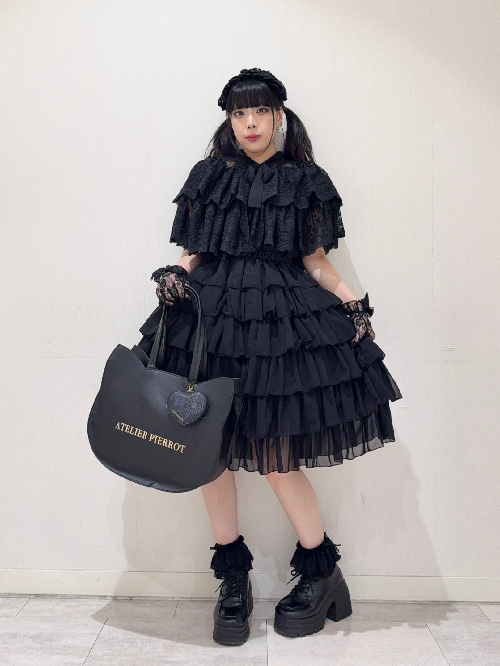 【Pina sweet Collection】シフォンフリルワンピース(ミモレ丈/Black/Wine/White)
