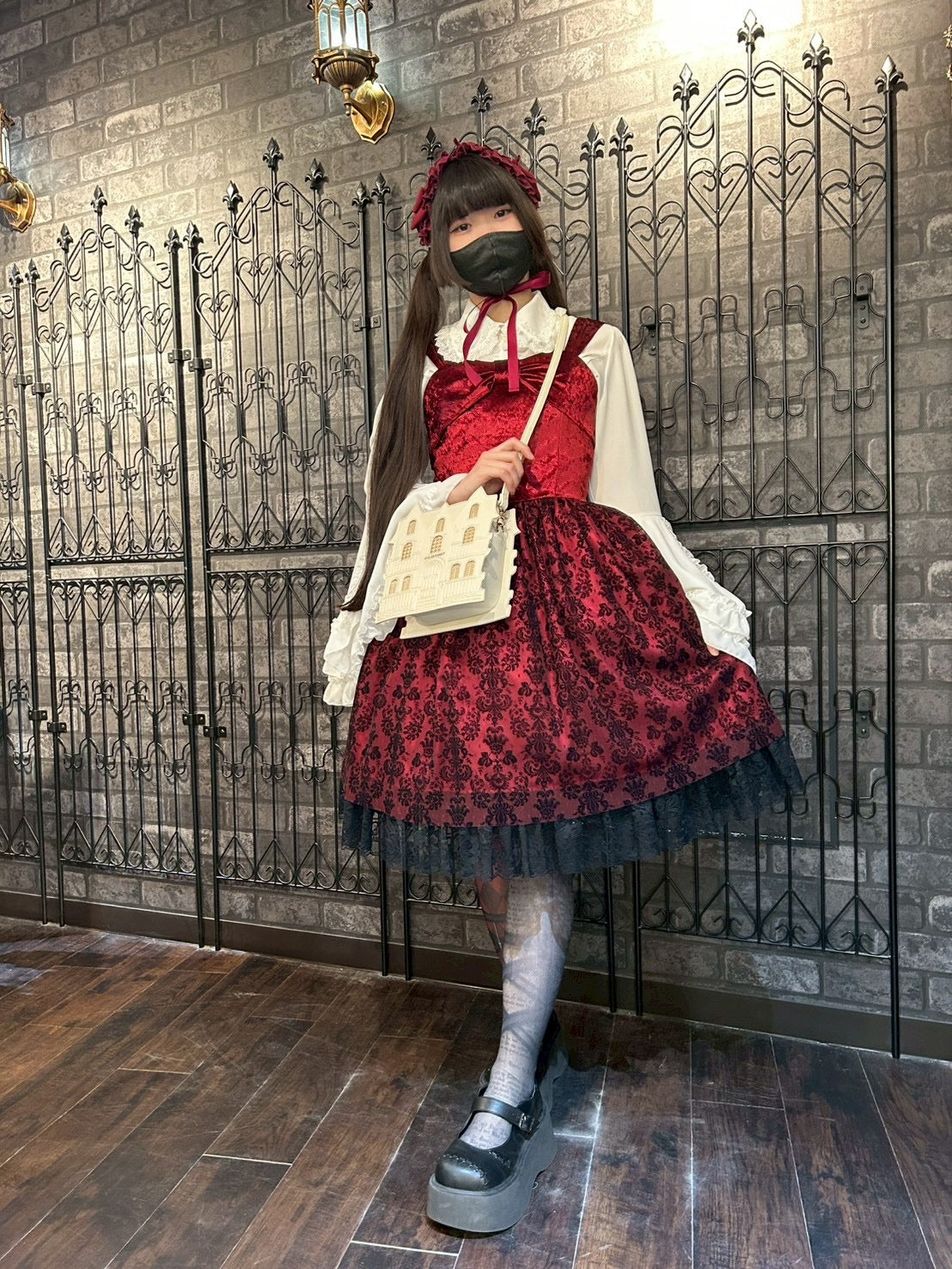 【heavenly garden 】ヘヴンリィ ガーデン ノクターンリボンジャンパースカート ボルドー/ブラック