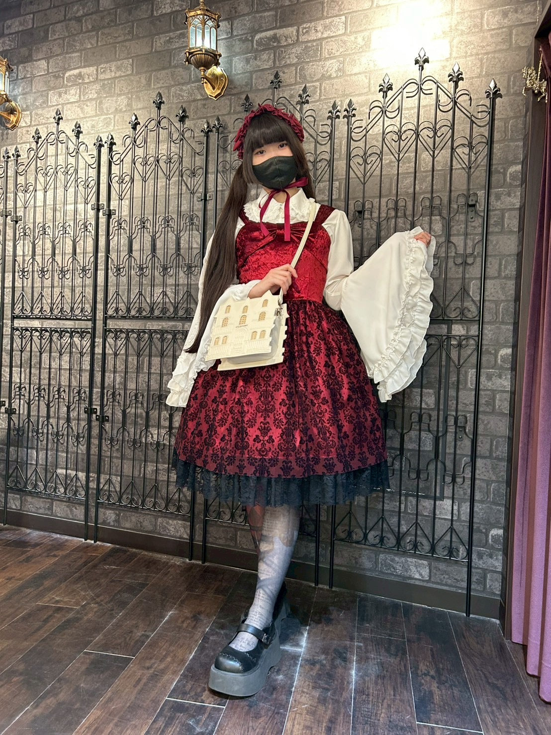 【heavenly garden 】ヘヴンリィ ガーデン ノクターンリボンジャンパースカート ボルドー/ブラック