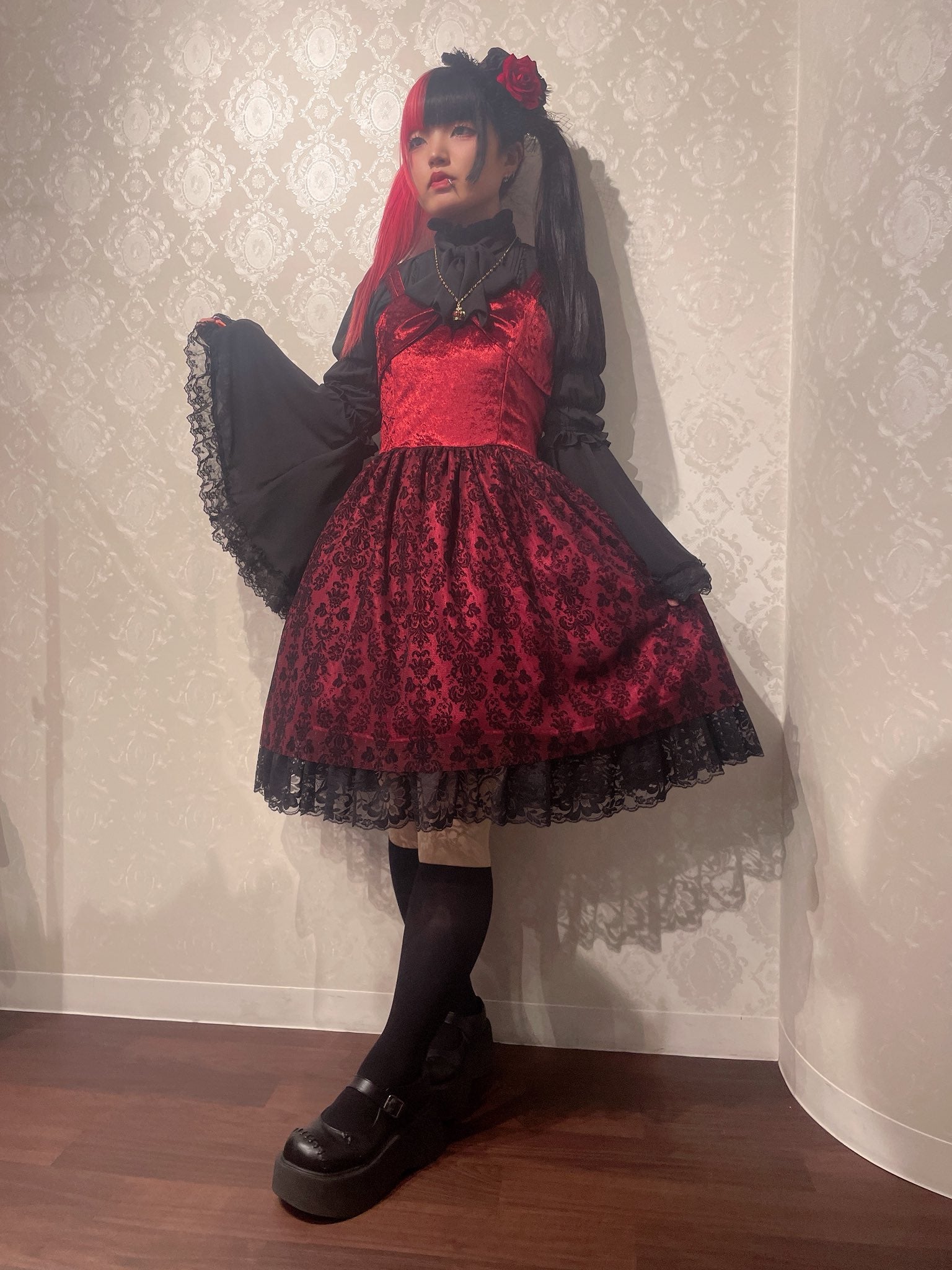 【heavenly garden 】ヘヴンリィ ガーデン ノクターンリボンジャンパースカート ボルドー/ブラック