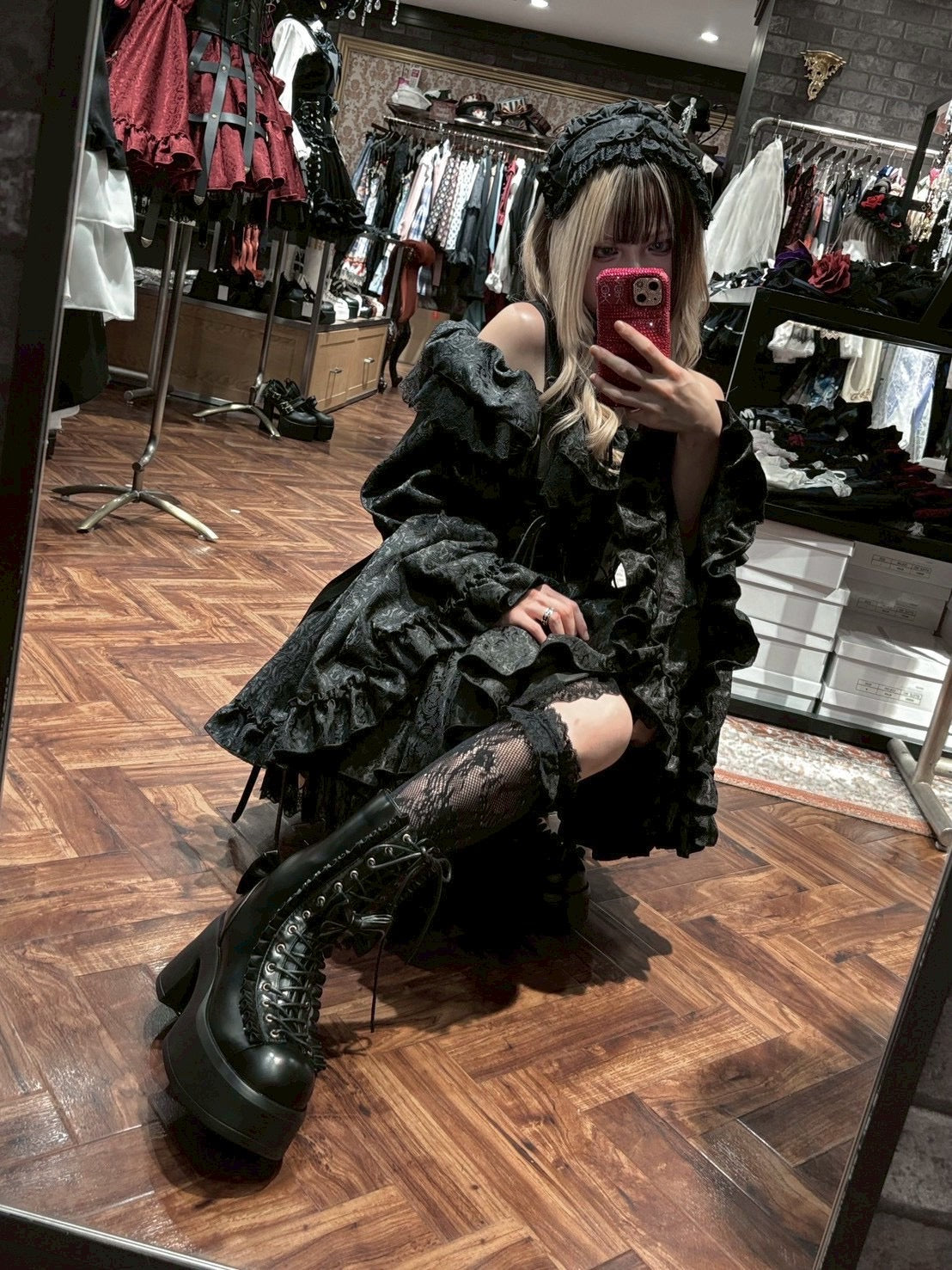 【ATELIER PIERROT】厚实的褶皱丝带靴白色/黑色S/M/L/XL