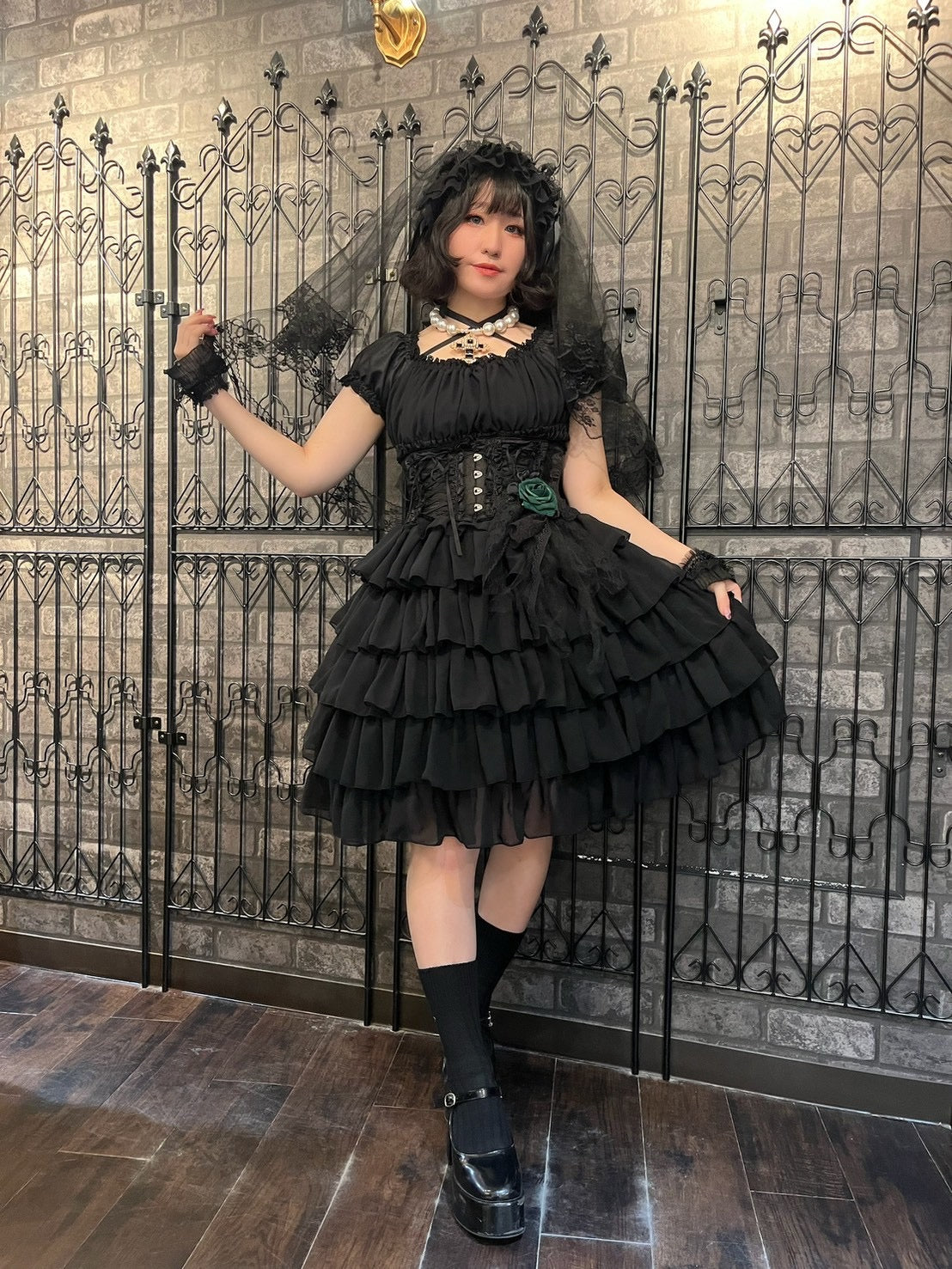 【Pina sweet Collection】シフォンフリルワンピース(ミモレ丈/Black/Wine/White)