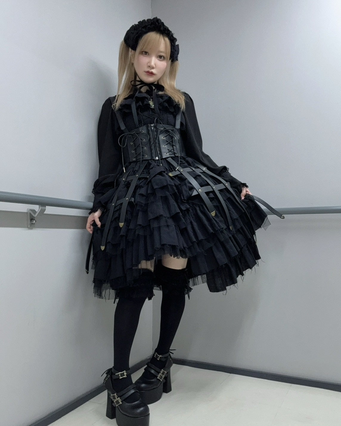 【Vallée lys】ヴァレリス Nonette Gauze Jumperskirt ボルドー/グレー/ブラック サイズ1