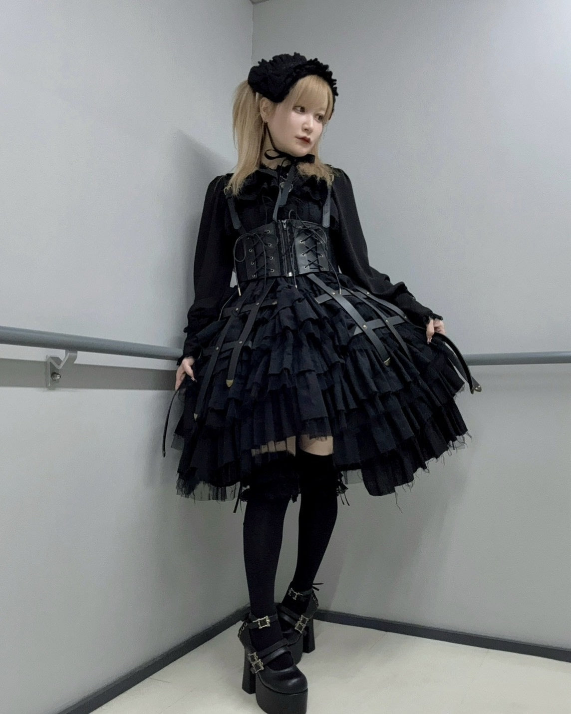 【Vallée lys】ヴァレリス Nonette Gauze Jumperskirt ボルドー/グレー/ブラック サイズ1