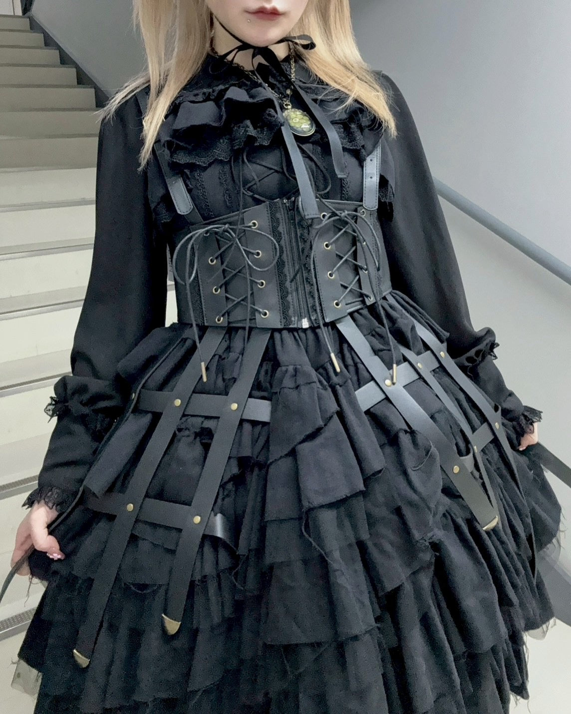 【Vallée lys】ヴァレリス Nonette Gauze Jumperskirt ボルドー/グレー/ブラック サイズ1