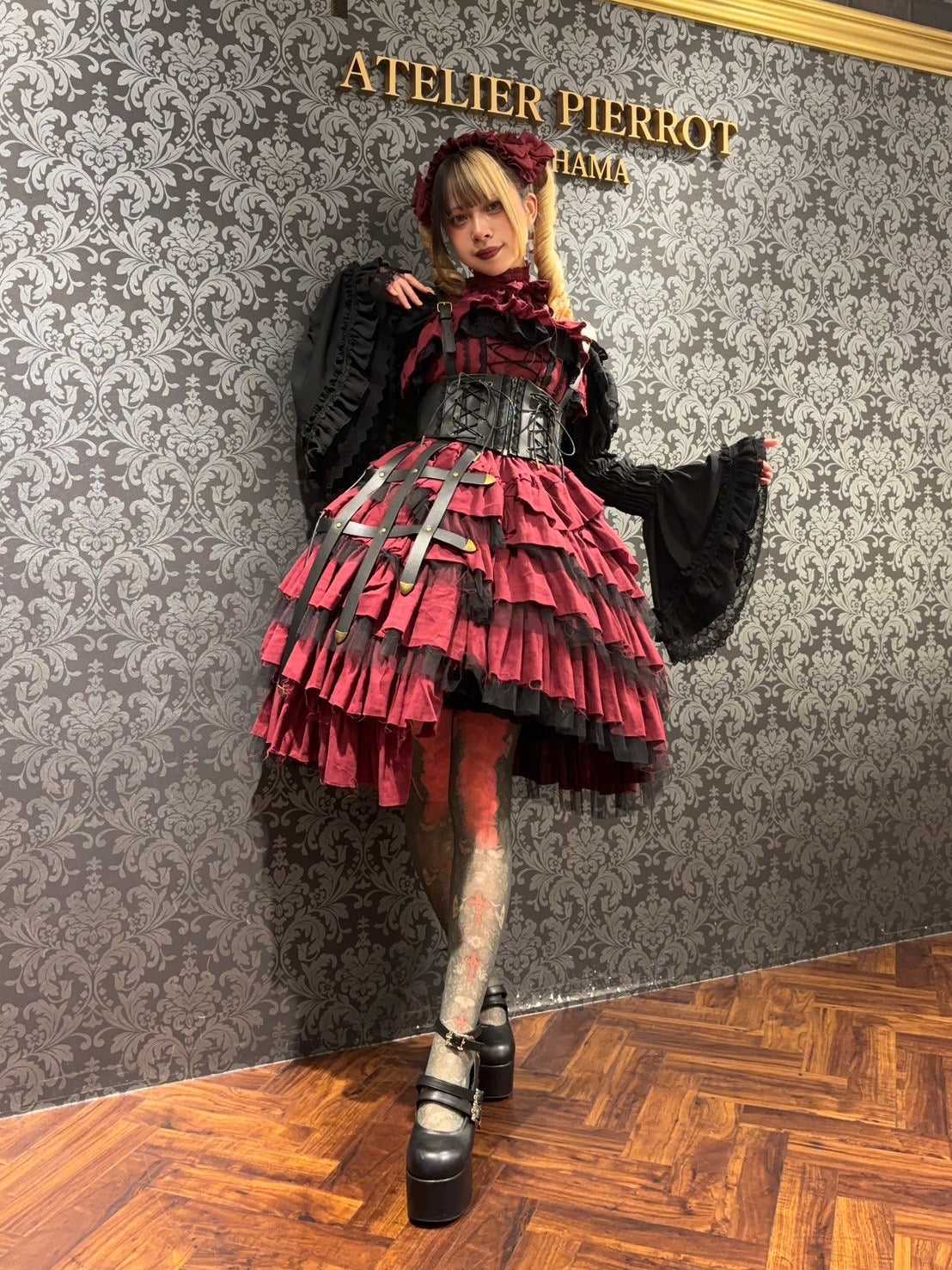 【Vallée lys】ヴァレリス Nonette Gauze Jumperskirt ボルドー/グレー/ブラック サイズ1