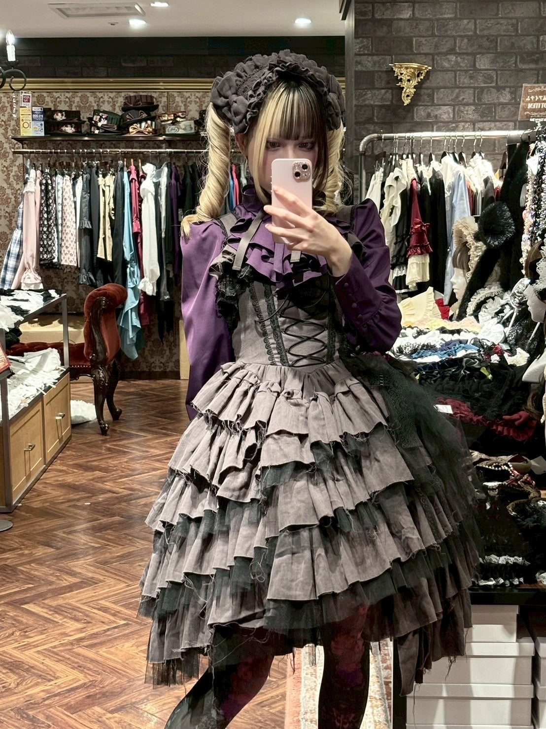 【Vallée lys】ヴァレリス Nonette Gauze Jumperskirt ボルドー/グレー/ブラック サイズ1