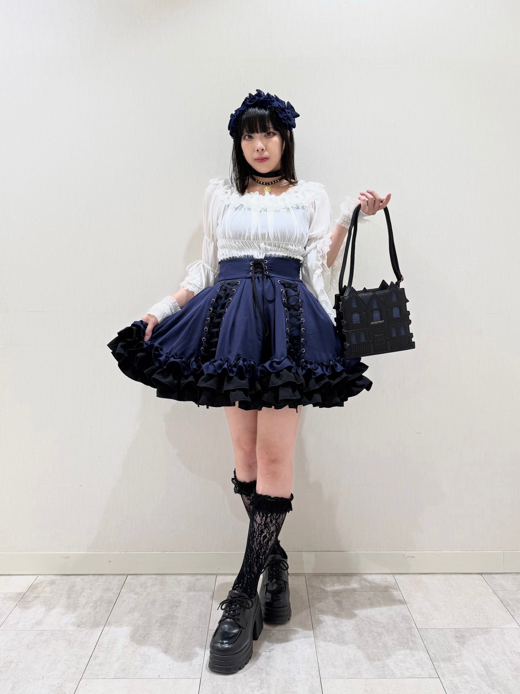 【ATELIER PIERROT】 Adenophora Lace-Up Skirt ホワイト/新色ボルドー/パープル×ブラック/新色ネイビー/ブラック×ホワイト/ブラック★ダブルポイントフェア対象商品6月14日(日)まで★