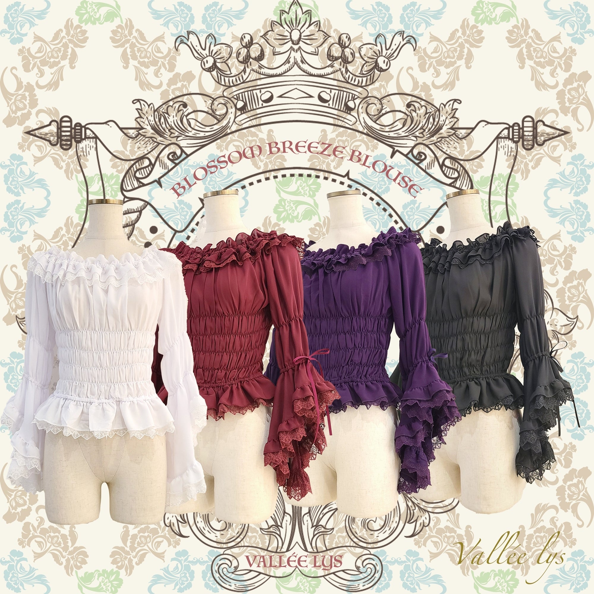 【Vallée lys】ヴァレリス Blossom Breeze Blouse ホワイト/ボルドー/パープル/ブラック