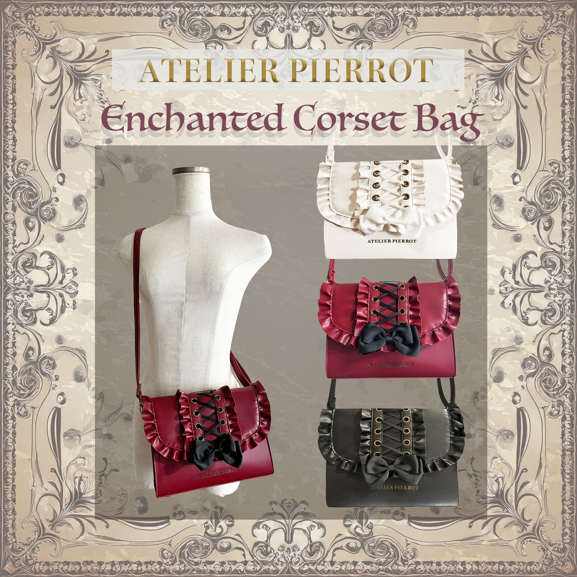 【ATELIER PIERROT】 Bolsa de corsé encantado White/Bordeaux/Black