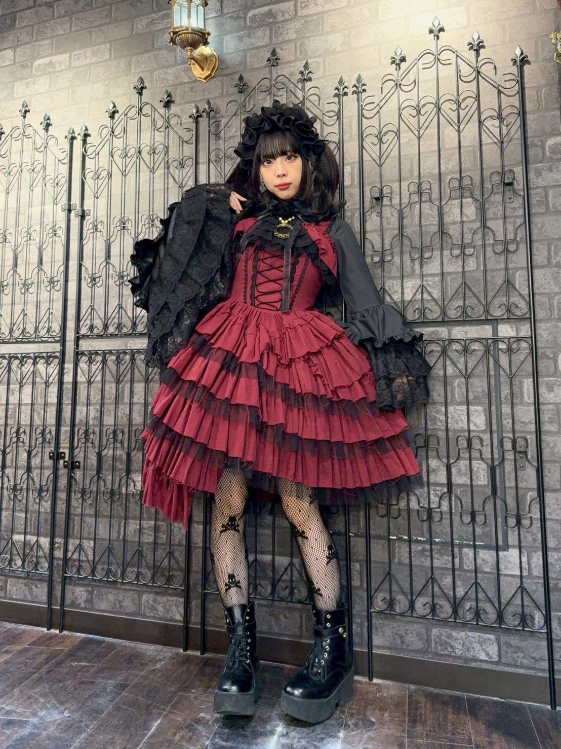 【Vallée lys】ヴァレリス Nonette Gauze Jumperskirt ボルドー/グレー/ブラック サイズ1