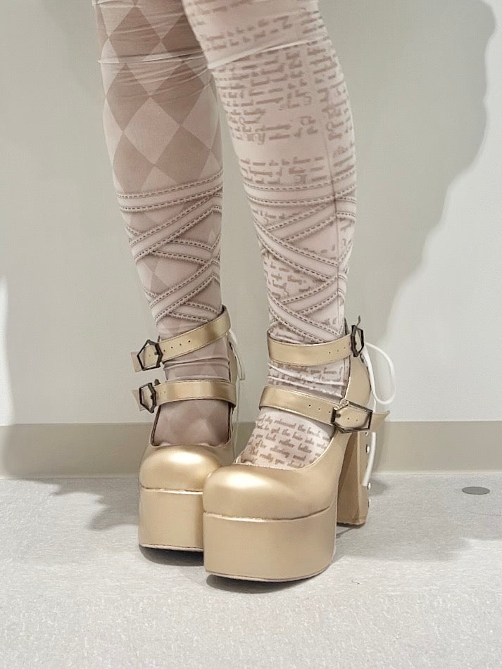 【ATELIER PIERROT】 Coffin Buckle Lace-Up Platform Pumps ホワイト/ボルドー/ゴールド/ブラック S/M/L/XL★新作ダブルポイント対象8月31日まで★