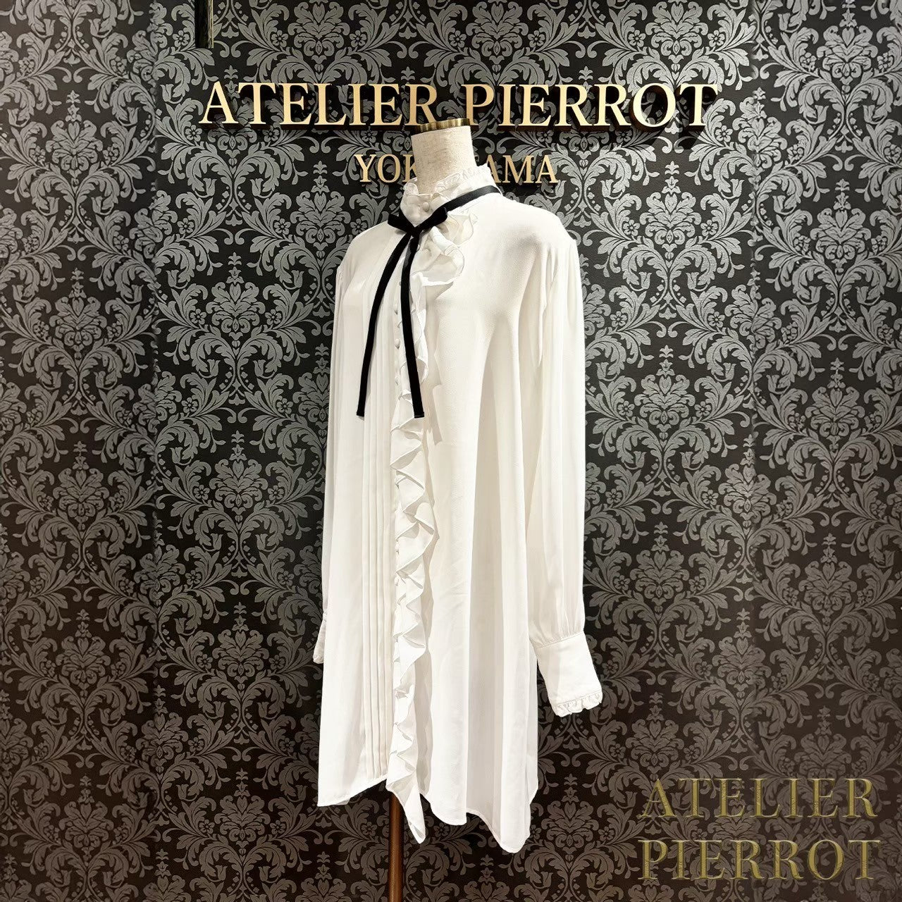 【ATELIER PIERROT】 Modern Flounce Long Blouse Off White/WILD CATS/Black