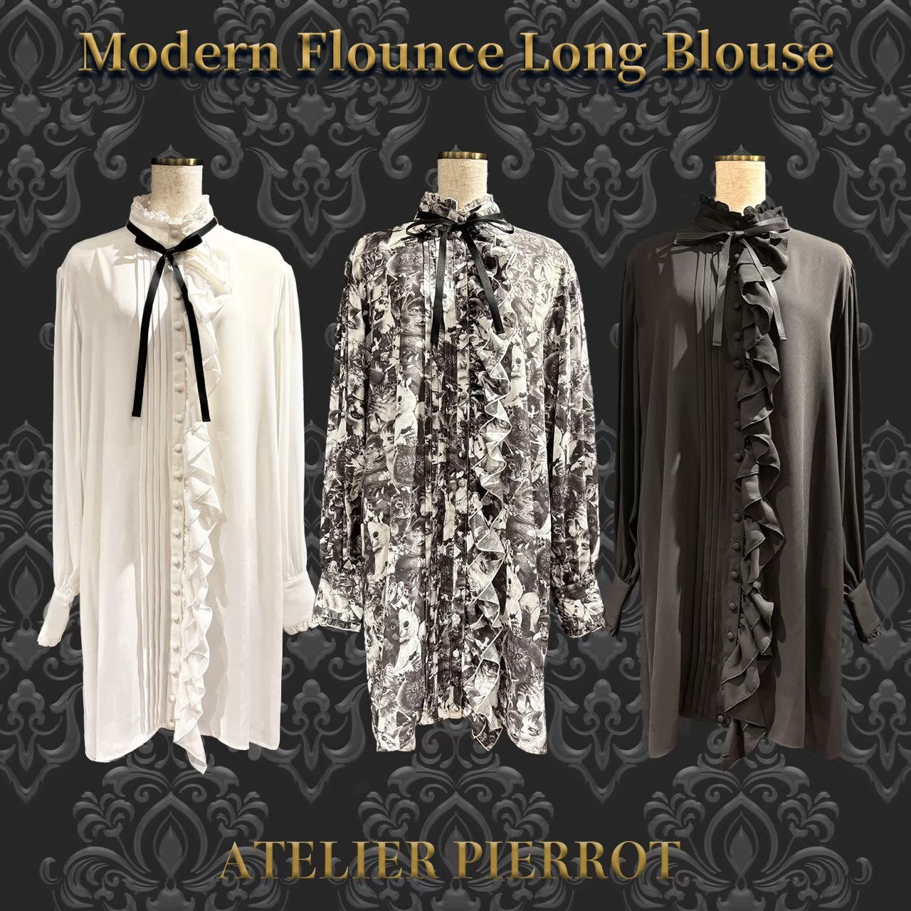 【ATELIER PIERROT】 Modern Flounce Long Blouse Off White/WILD CATS/Black