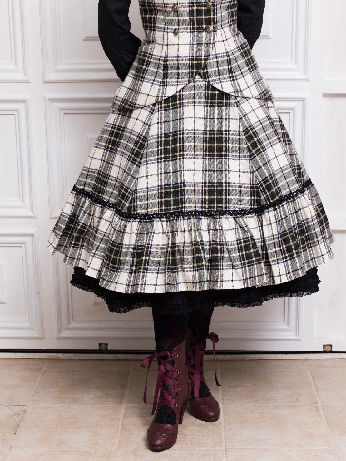 【Victorian maiden】ヴィクトリアンメイデン クラウンタータンスカート アイボリー×モスグリーン/ネイビー×チェリー ★受注期間12月22日まで★