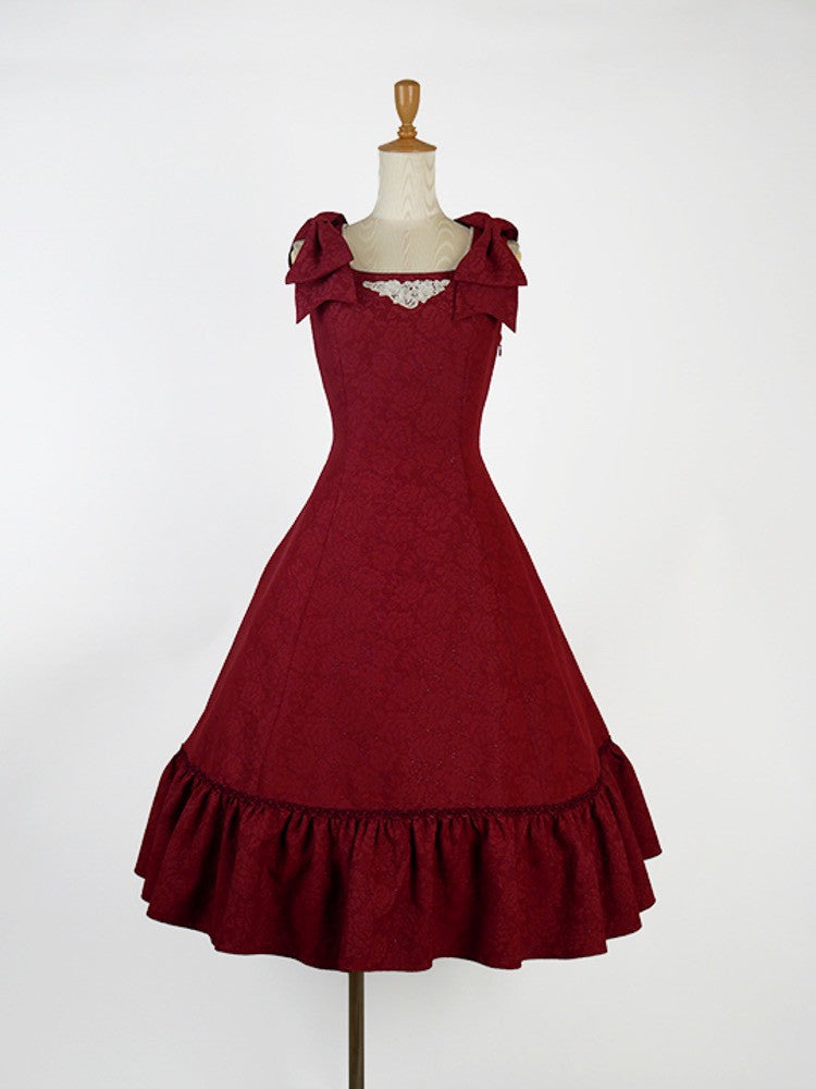 【Victorian maiden】ヴィクトリアンメイデン マトラッセローズツインリボンスリーブレスドレス カメオローズ/ローズレッド/ダークネイビー