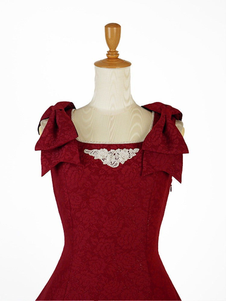 【Victorian maiden】ヴィクトリアンメイデン マトラッセローズツインリボンスリーブレスドレス カメオローズ/ローズレッド/ダークネイビー