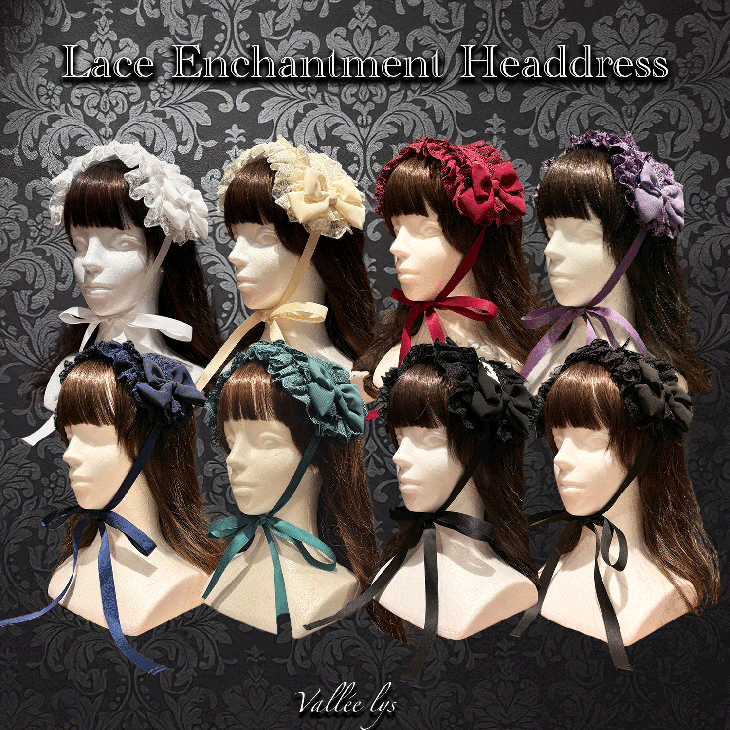 【Vallée lys】ヴァレリス Lace Enchantment Headdress White/Ivory/Wine/Purple/Navy/新色Green/Black×White/Black