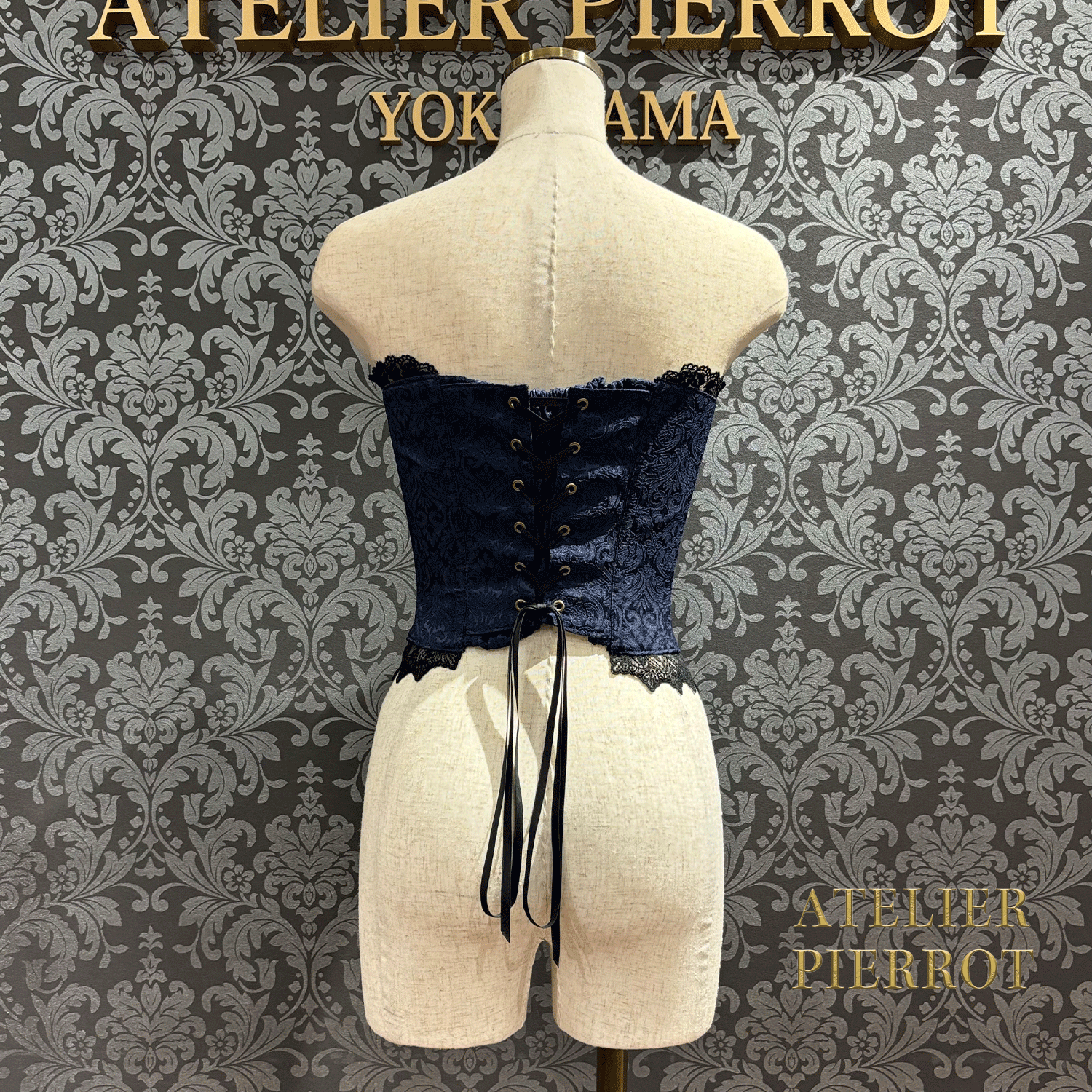 【ATELIER PIERROT】 Lace Up Long Corset White/Wine Jacquard/Navy Jacquard/Black x White Jacquard/Black Jacquard