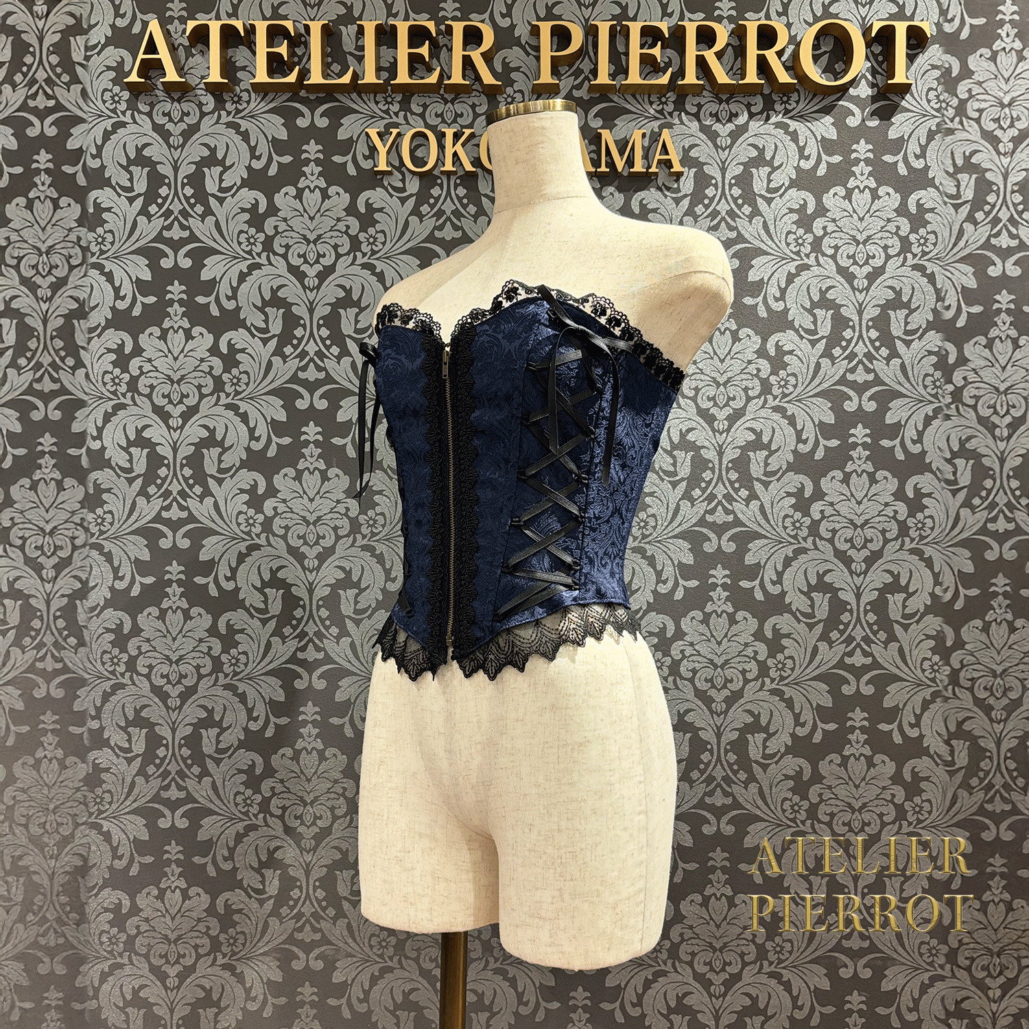 【ATELIER PIERROT】 Lace Up Long Corset White/Wine Jacquard/Navy Jacquard/Black x White Jacquard/Black Jacquard