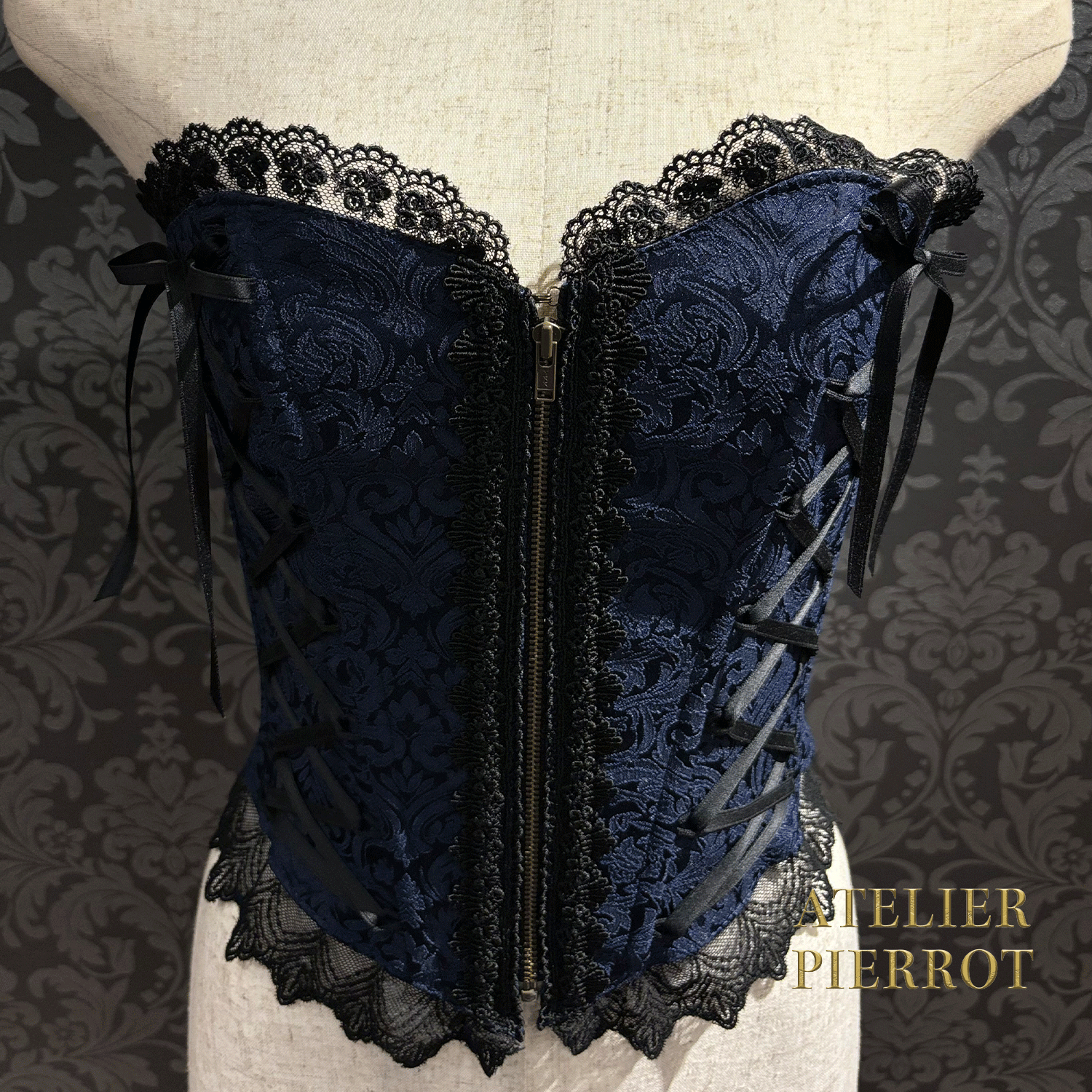 【ATELIER PIERROT】 Lace Up Long Corset White/Wine Jacquard/Navy Jacquard/Black x White Jacquard/Black Jacquard